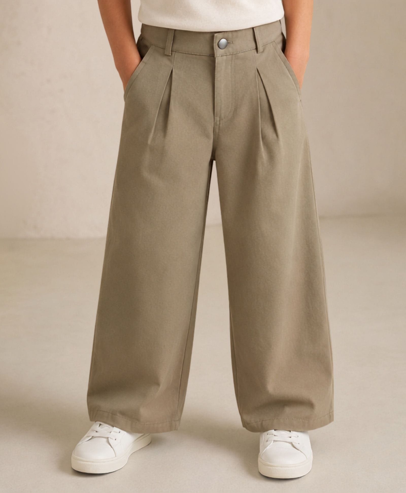 My Milestones Twill Solid Harper Wide Leg Darted Trousers - Beige-picture-21