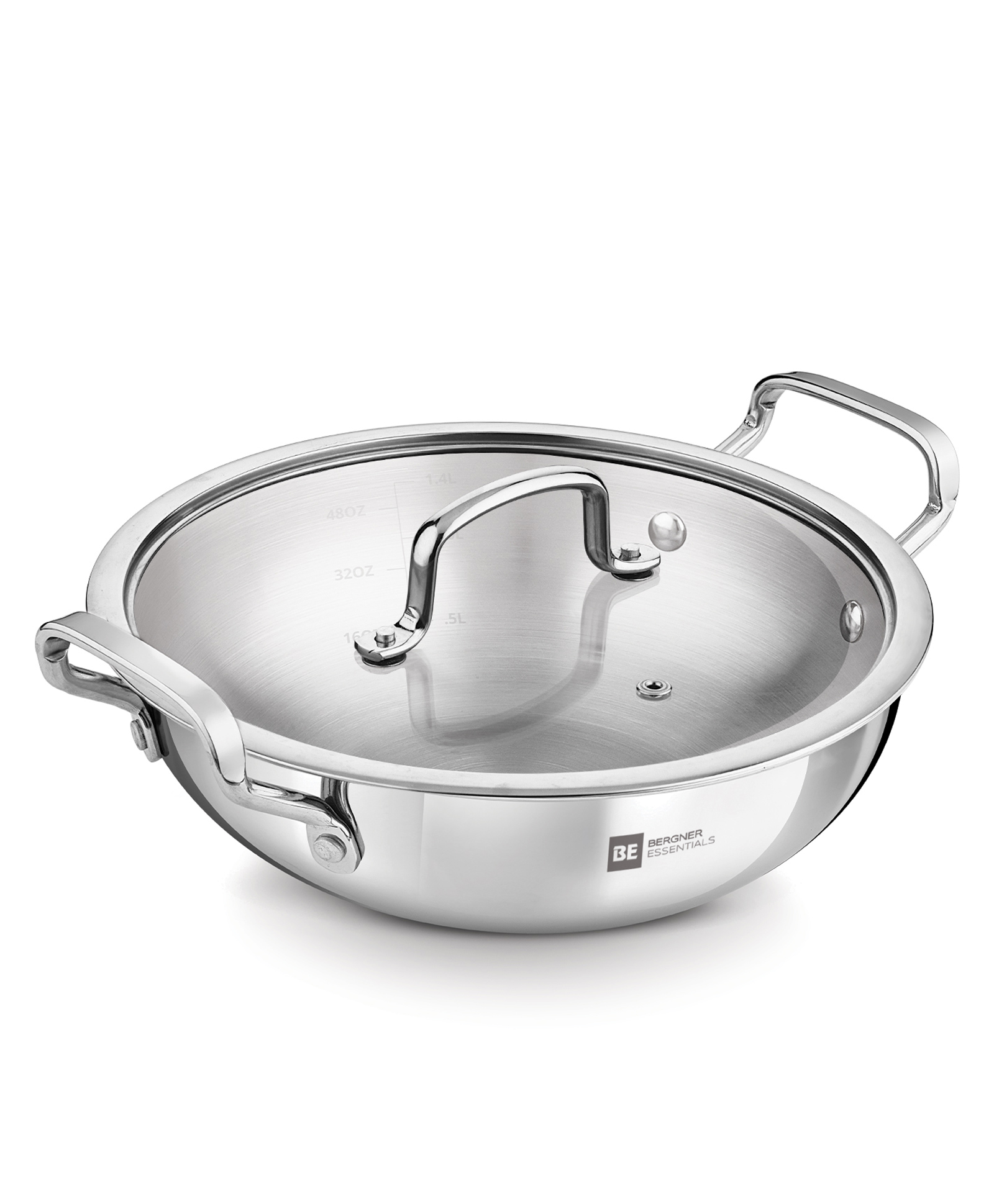 Bergner BE Essentials Triply Stainless Steel 18cm / 1.4 L Kadai with Flat Glass Lid - Full Induction Bottom-picture-32