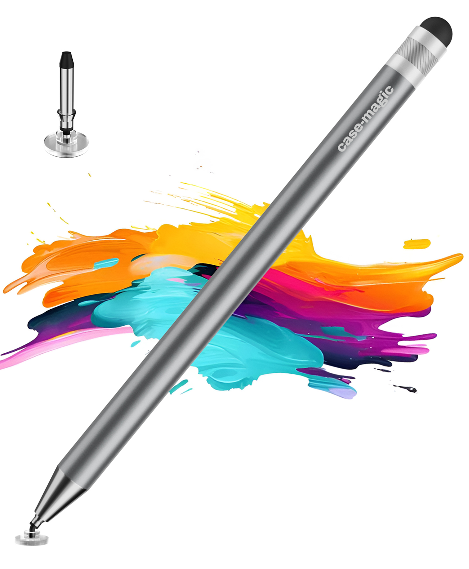 Case-Magic 2 in 1 Universal Stylus Pen with Fine Point Disc Tip+ Rubber Fiber Tip Aluminum Body - Grey-image-15