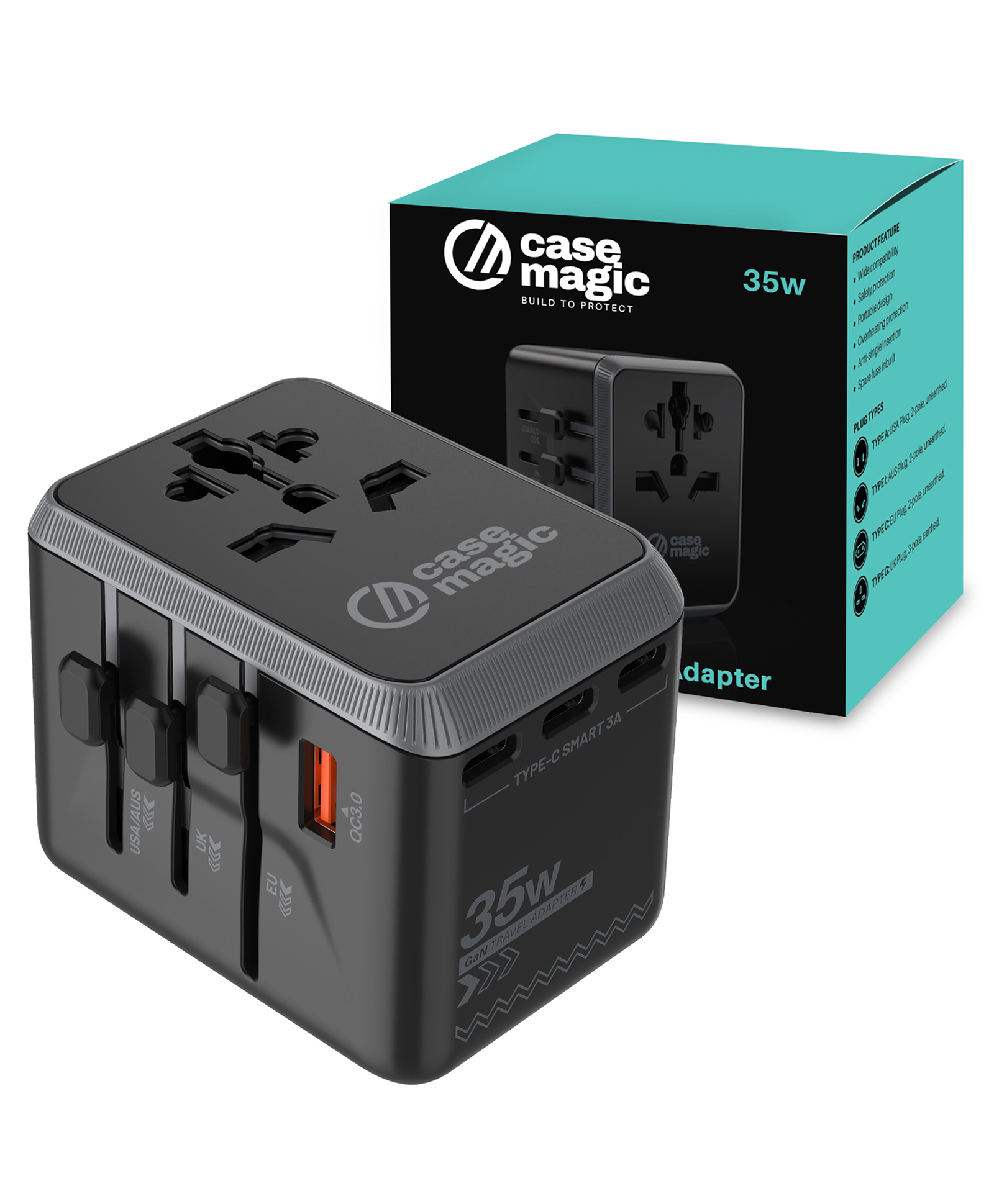 case magic Case-Magic Universal Plug Travel Adapter 35W GaN Type C, International Wall Charger for USA/AUS/UK/EU/ 200+ Countries Worldwide/ 15W USB C, 18W USB A QC3.0 Ports for Laptop, Smartphone, Tablet, Camera-picture-13