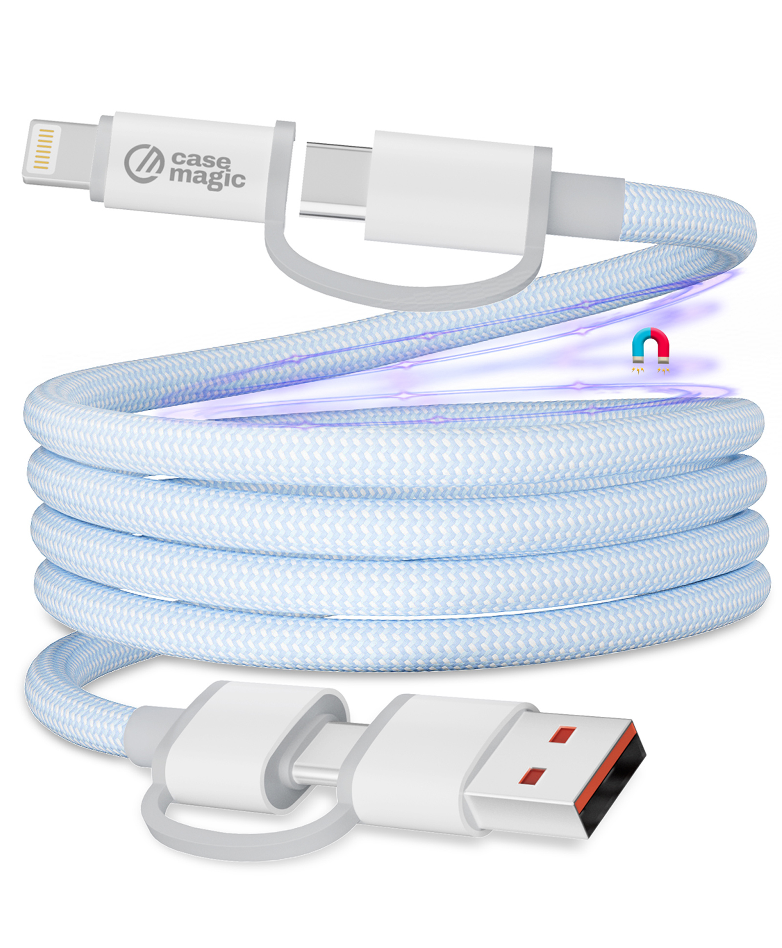case-magic 4-in-1 Magnetic Coiled USB-A, Type-C & Lightning Cable| 65W/3A PD Fast Charging - White-image-46