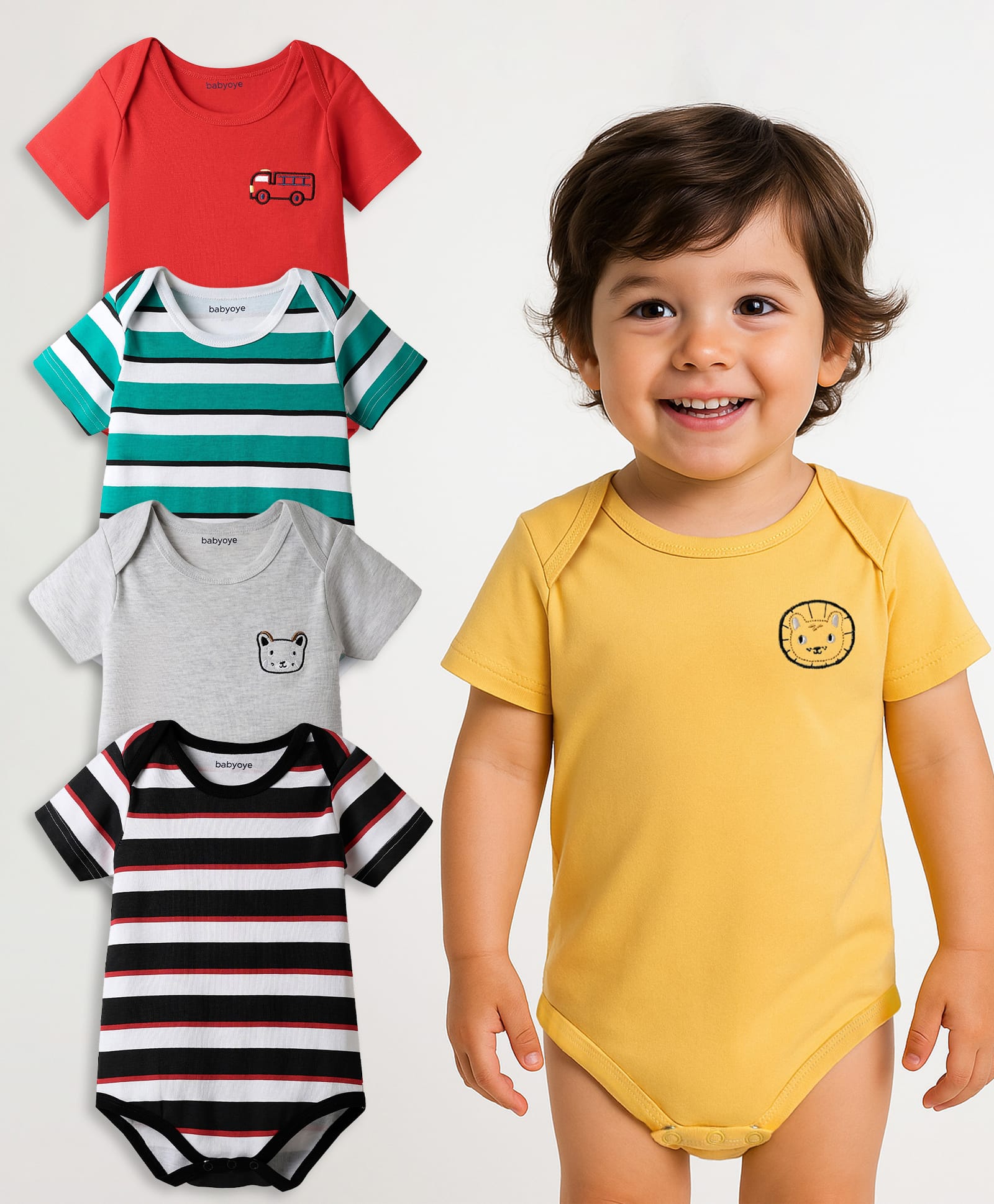 Babyoye 100% Cotton Knit Half Sleeves Onesies with Stripes Vehicle & Animal Print - Yellow & Grey-image-38