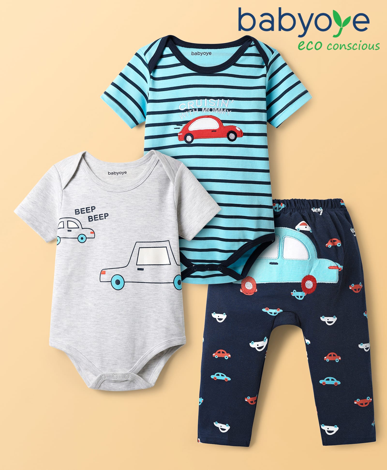 Babyoye 100% Cotton Knit Half Sleeves Striped & Car Printed Onesies With Leggings - Light Blue & Grey-image-30