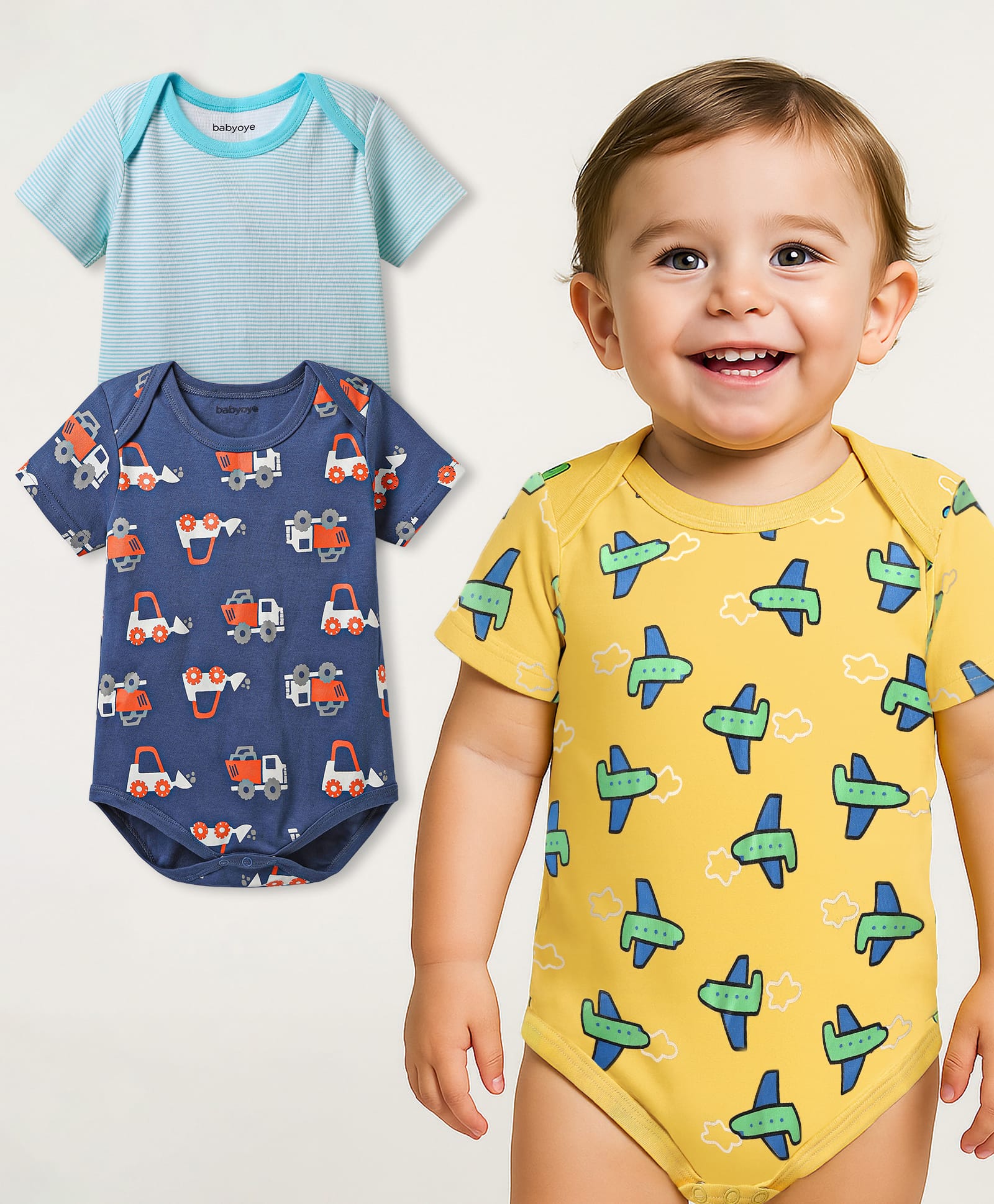 Babyoye 100% Cotton Knit Half Sleeves Striped & Vehicles Printed Onesies Pack of 3 - Yellow Light & Navy Blue-picture-13