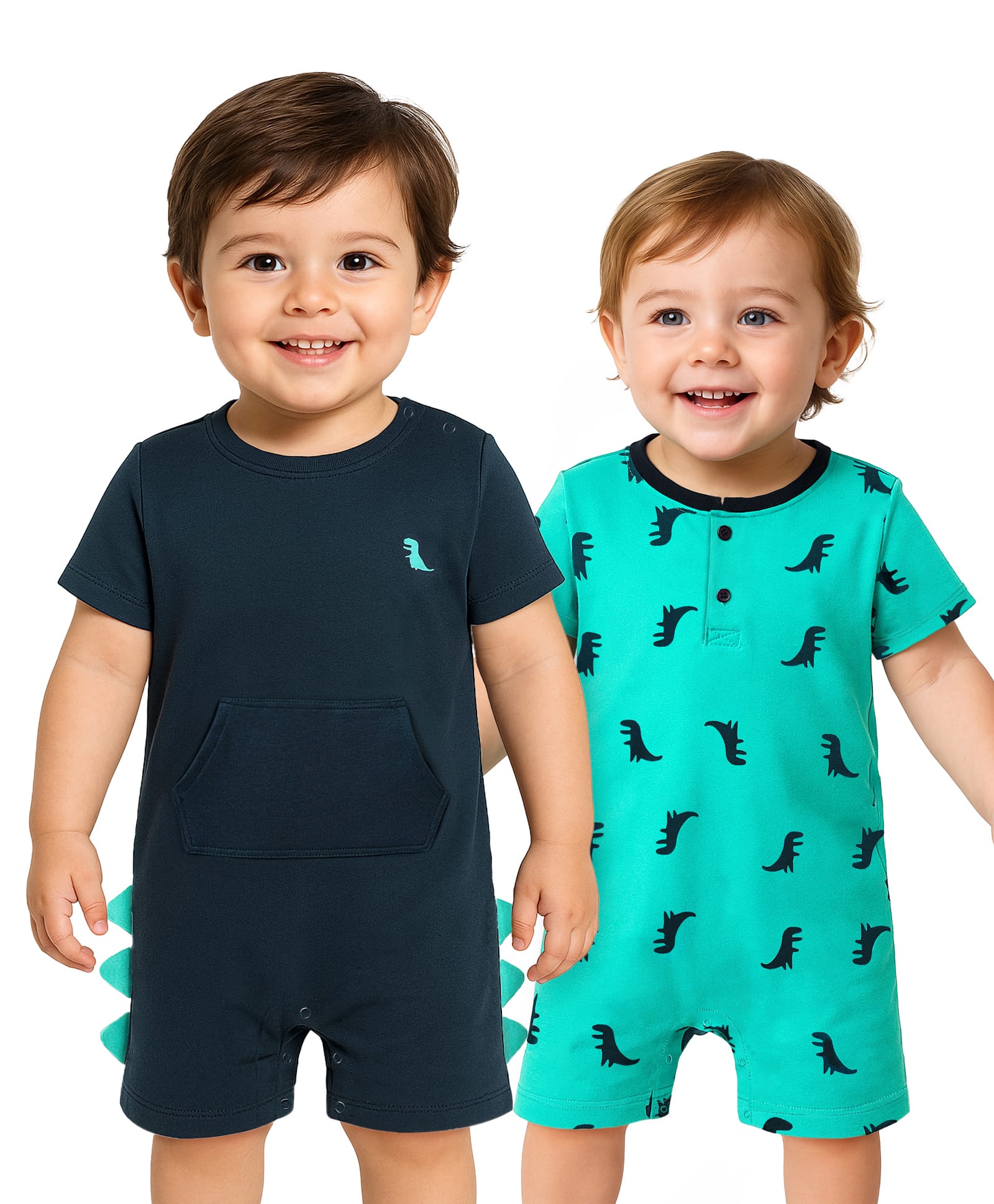 Babyoye 100% Cotton Knit Half Sleeves Dino Printed Rompers Pack of 2 - Navy Blue & Turquoise-image-3