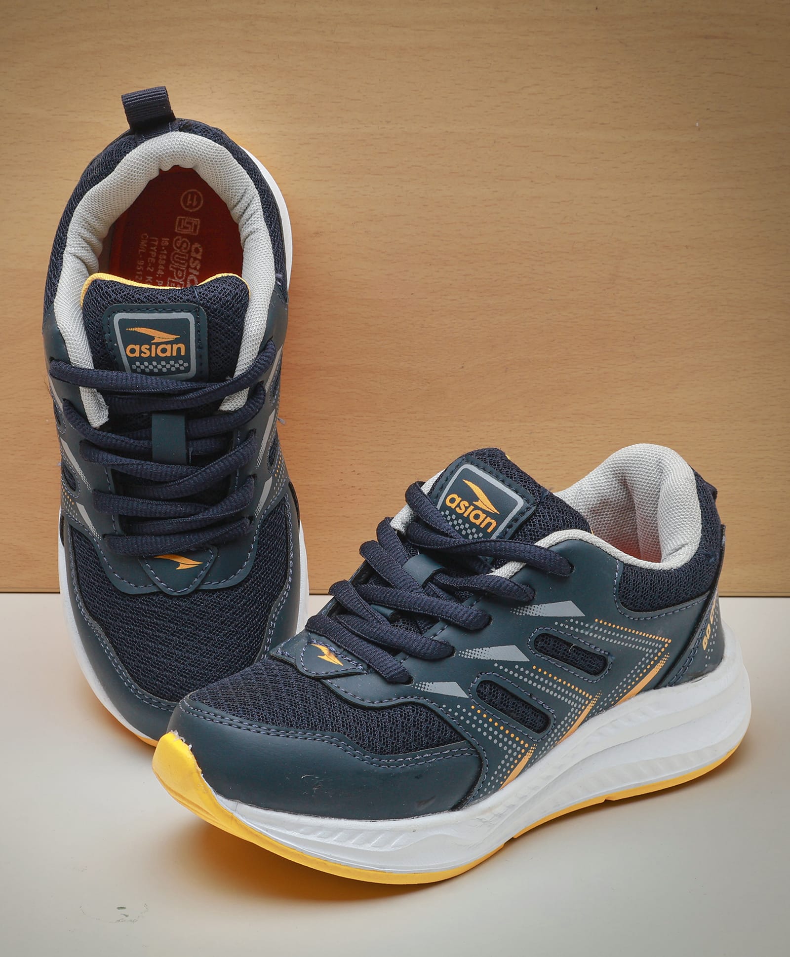 Asian Mesh Detailed Brand Name Designed Sneakers - Navy Blue & Mustard-image-10