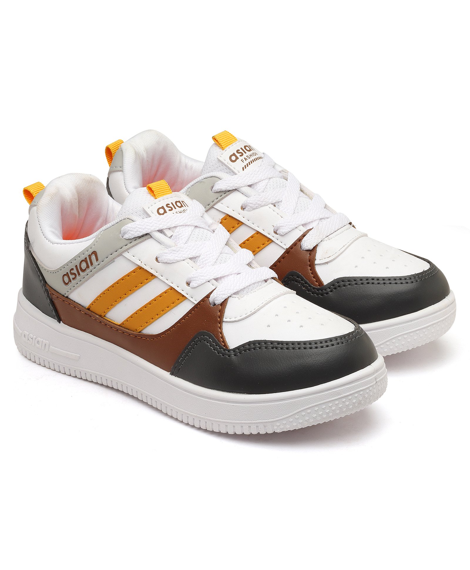 Asian Brand Name Detailed Colour Blocked Sneakers - White Grey Tan-image-18