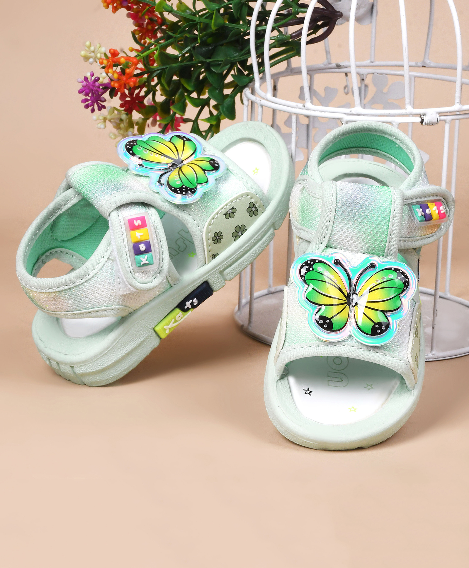 KATS Butterfly Designed Velcro Closure Musical Sandals - Light Green-image-22