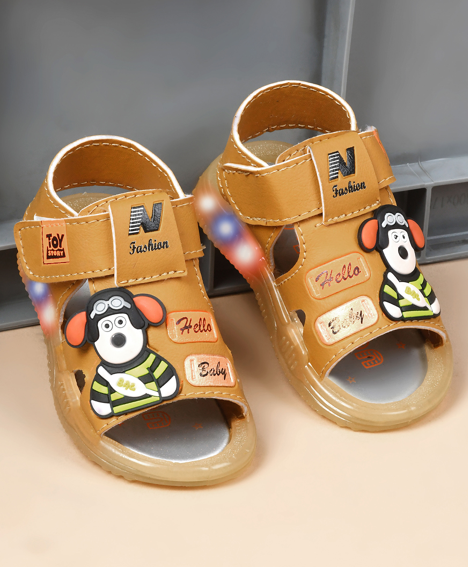 KATS Bear Applique Detailed LED Sandals With Velcro Closure - Mustard-image-21