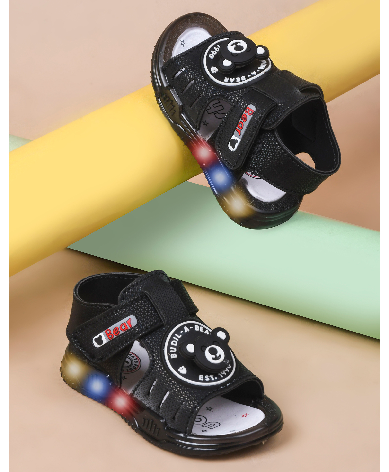 KATS Bear Applique Detailed LED Sandals With Velcro Closure - Black-picture-26