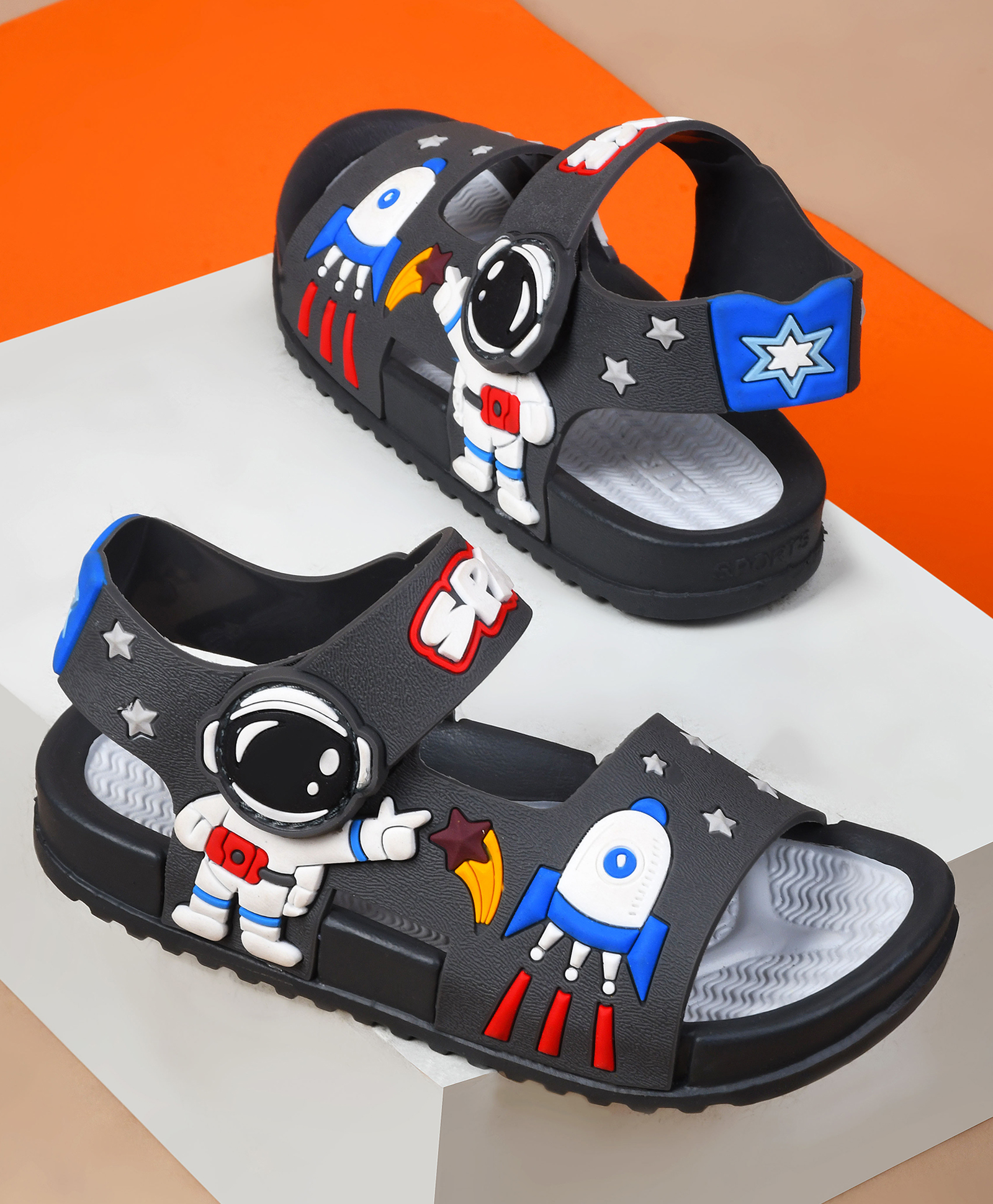 KATS Space Theme Applique Detailed & Designed Sandals With Velcro Closure - Grey-picture-6