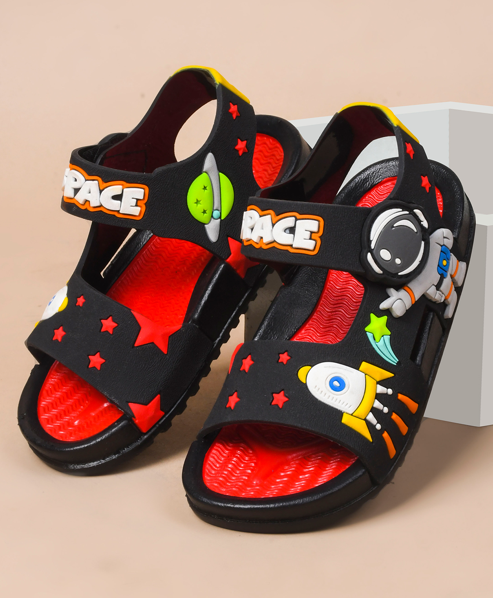 KATS Space Theme Applique Detailed & Designed Sandals With Velcro Closure - Red-image-25