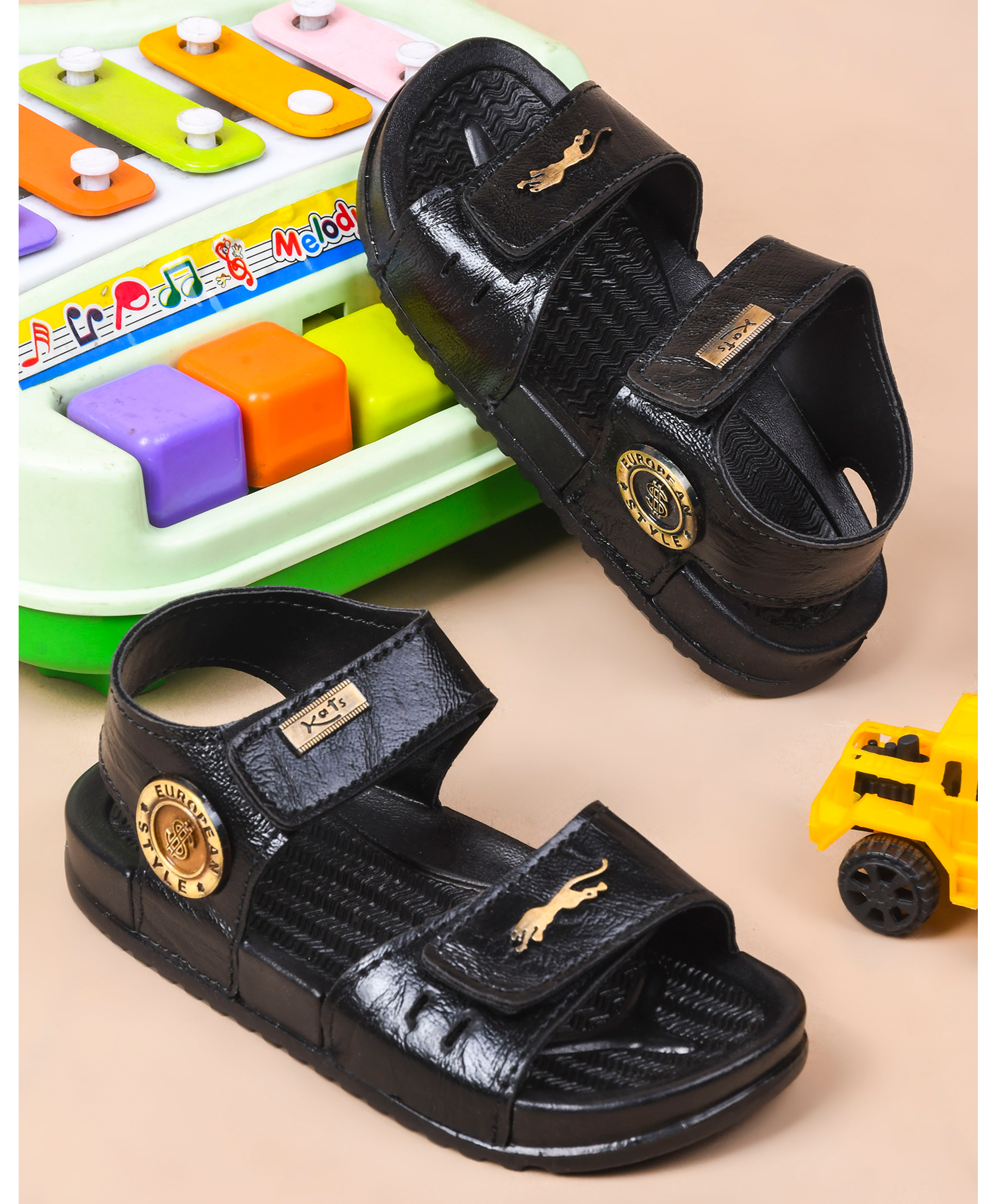 KATS Coin Applique Detailed With Double Velcro Closure Sandals - Black-picture-36
