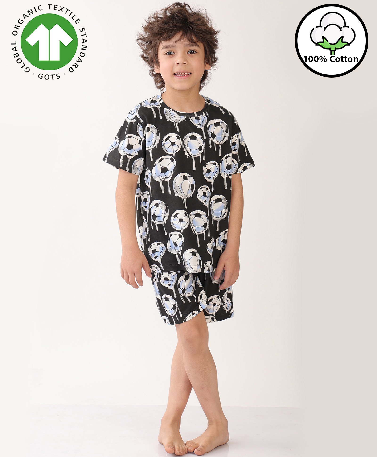 Anthrilo Cotton Knit Half Sleeves Football Printed Coordinating Tee & Shorts Set - Black-image-21