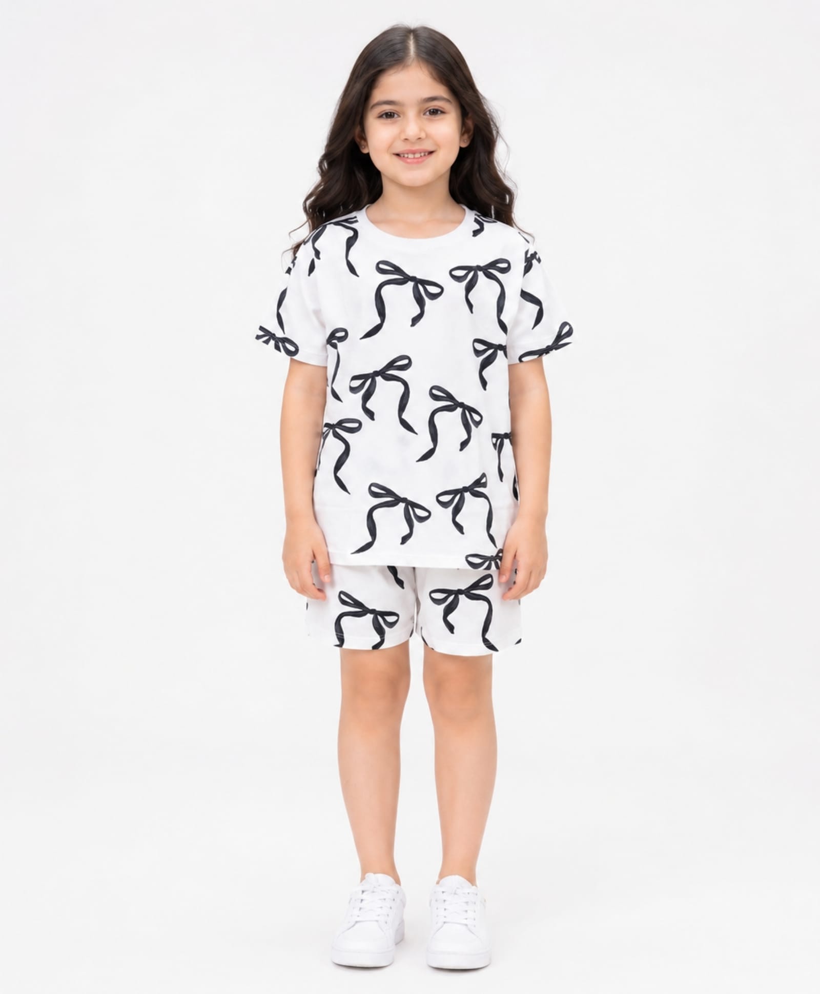 Anthrilo Cotton Knit Half Sleeves Bows Printed Coordinating Tee & Shorts Set - White-picture-19