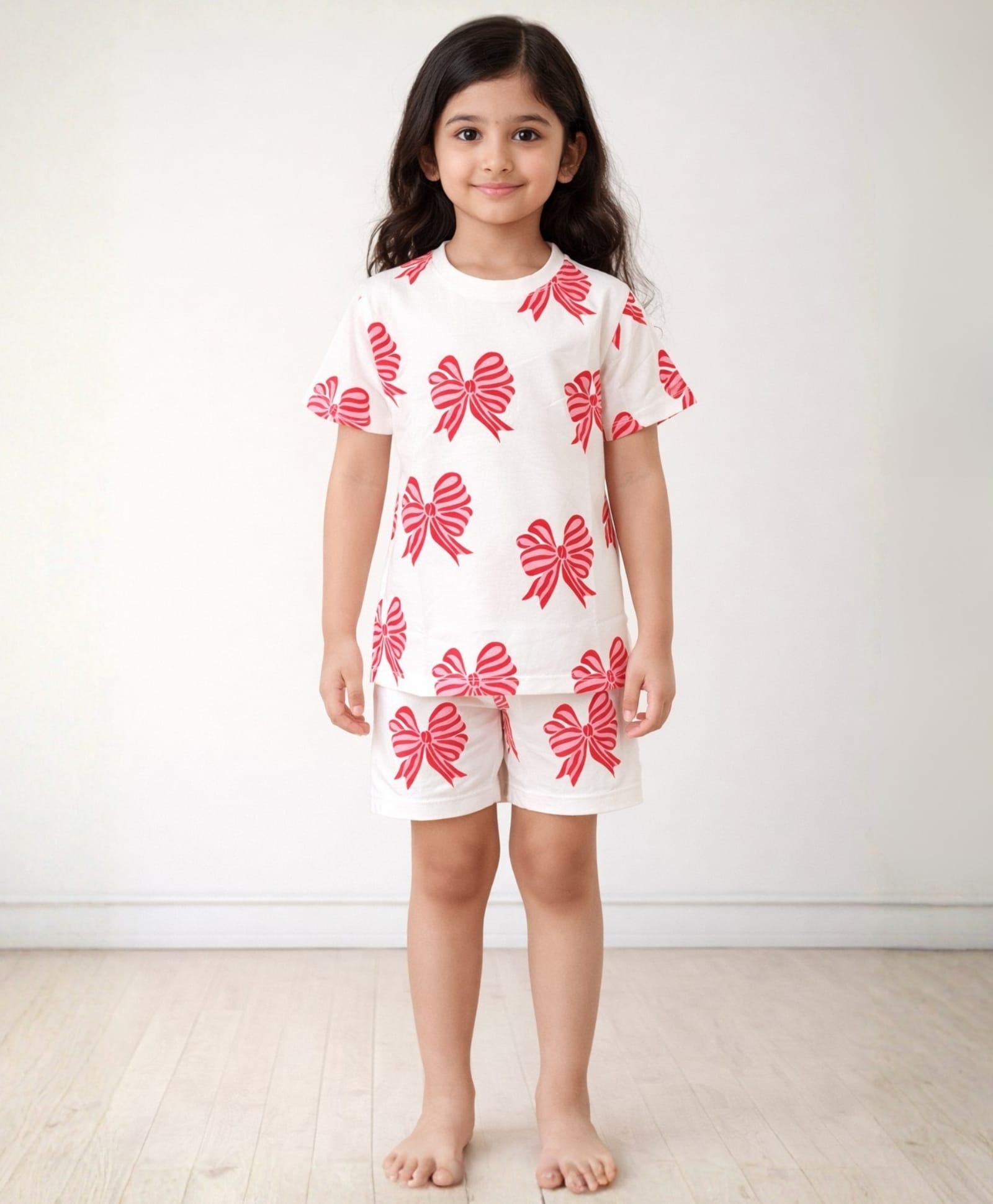 Anthrilo Cotton Knit Half Sleeves Bows Printed Coordinating Tee & Shorts Set - Pink-picture-20