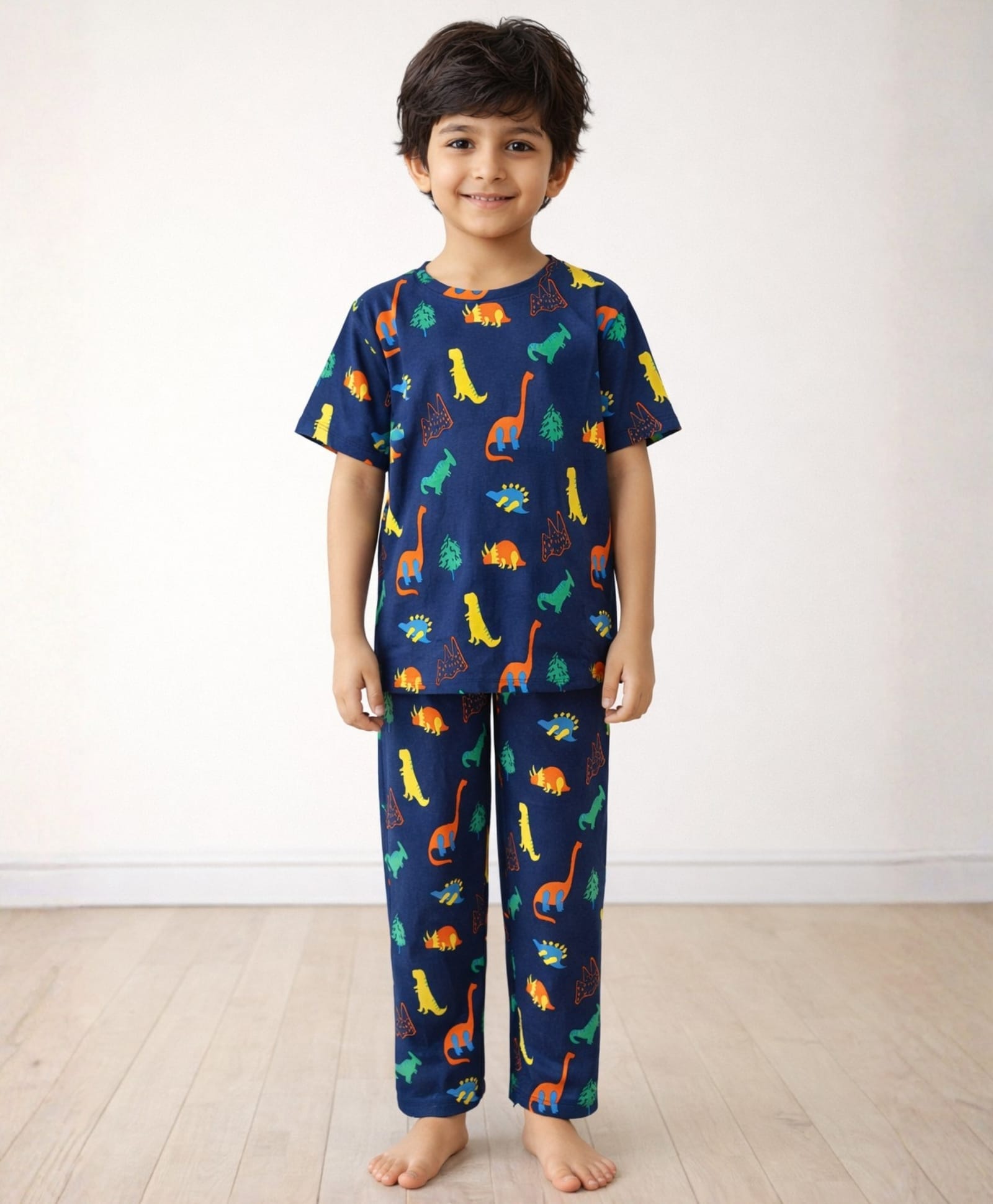 Anthrilo 100% Organic Cotton Knit Half Sleeves Dinosaurs Printed Coordinating Night Suit Set - Navy Blue-image-39