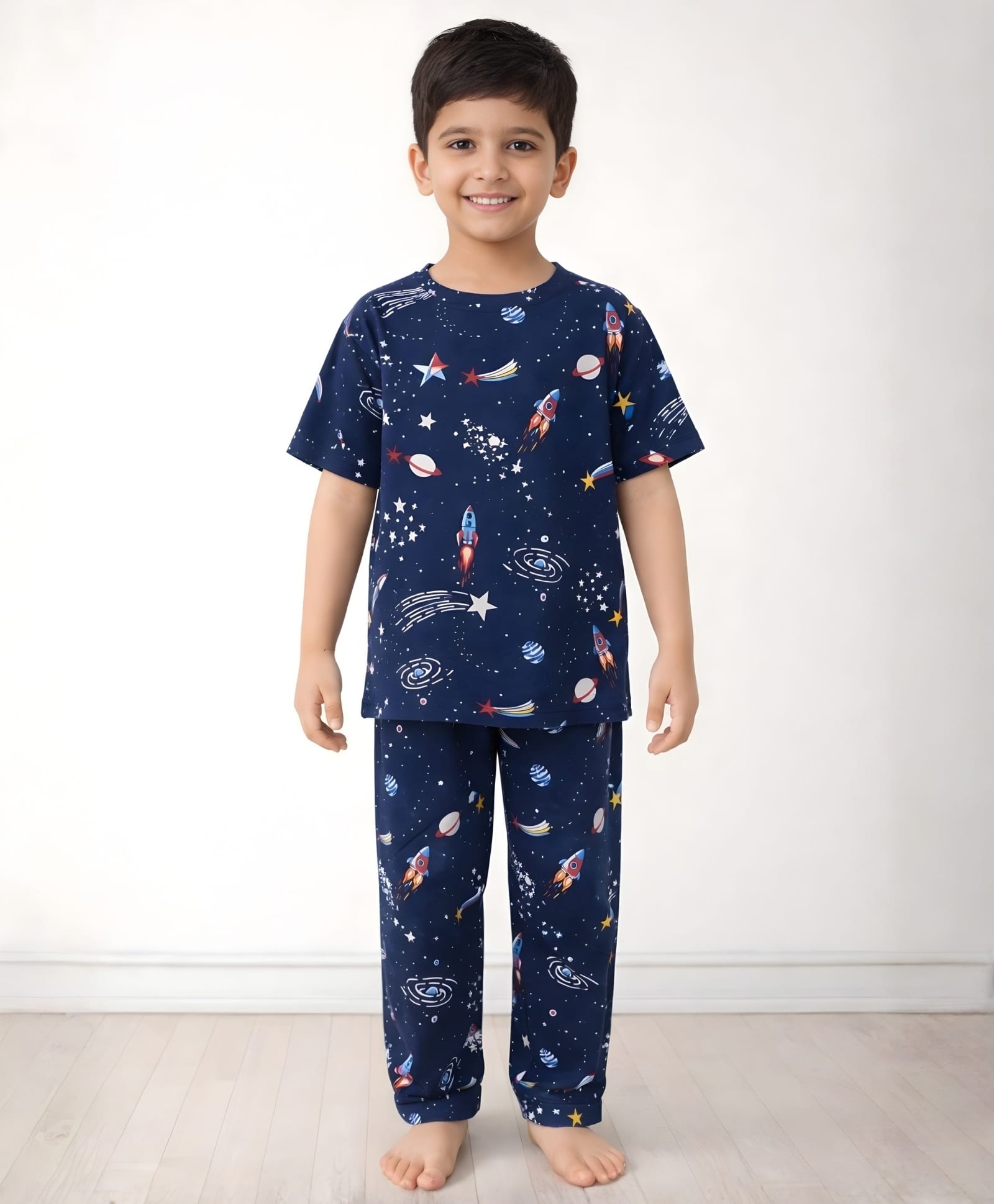 Anthrilo 100% Organic Cotton Knit Half Sleeves Space Theme Printed Coordinating Night Suit Set - Blue-picture-9