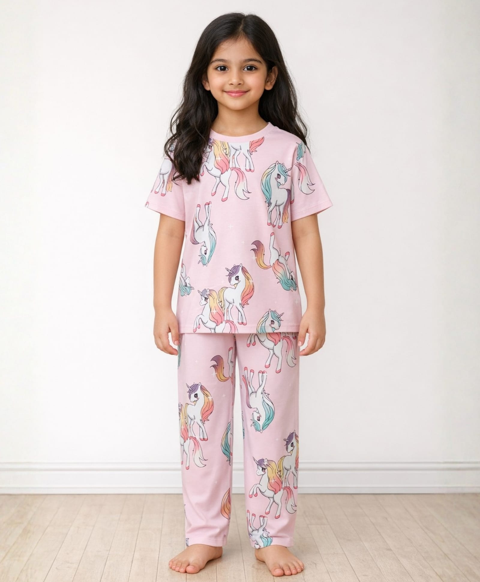 Anthrilo Cotton Knit Half Sleeves Unicorns Printed Coordinating Tee & Pajama Set - Pink-image-29