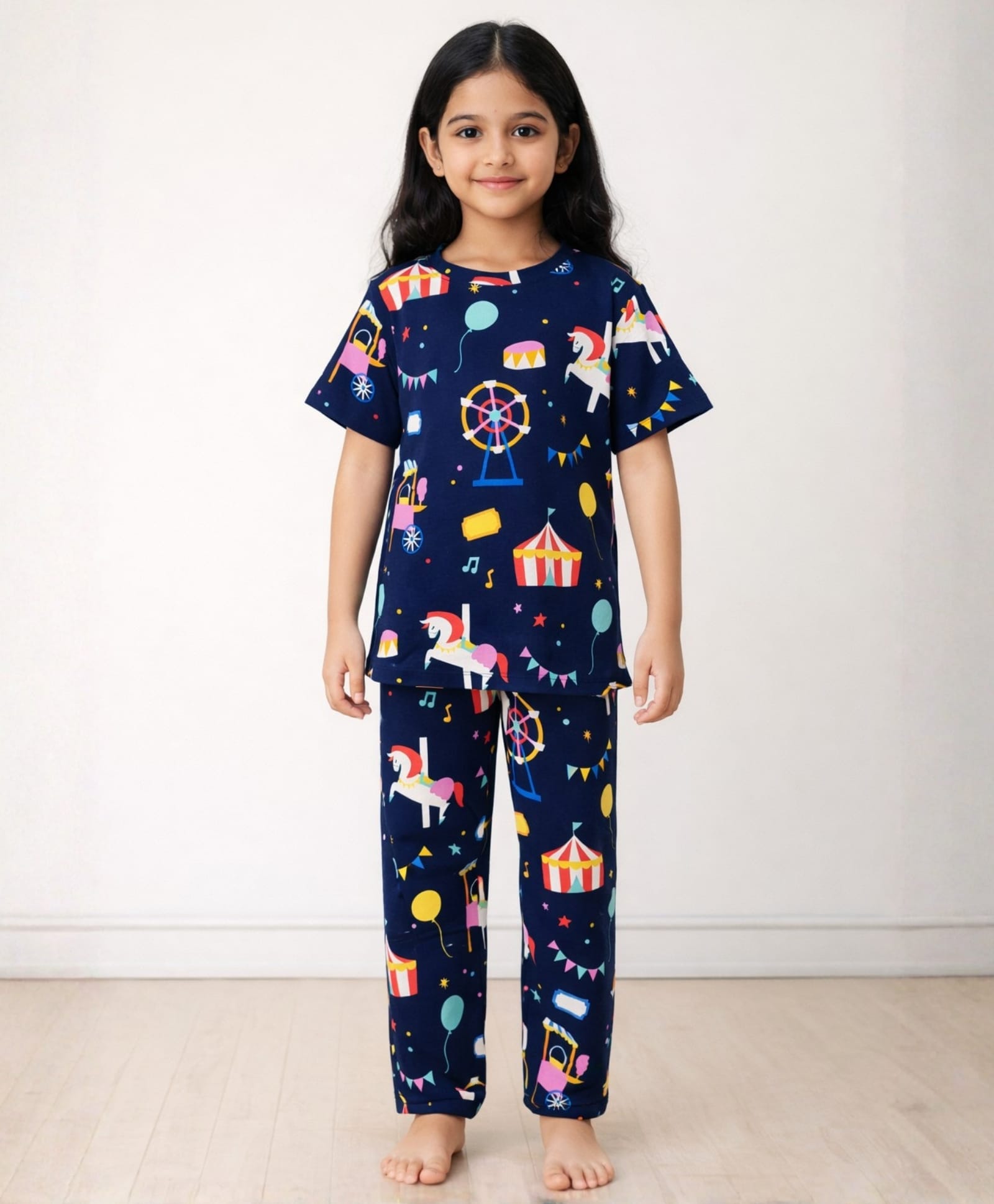 Anthrilo Cotton Knit Half Sleeves Carnival Printed Coordinating Night Suit Set - Navy Blue-image-29