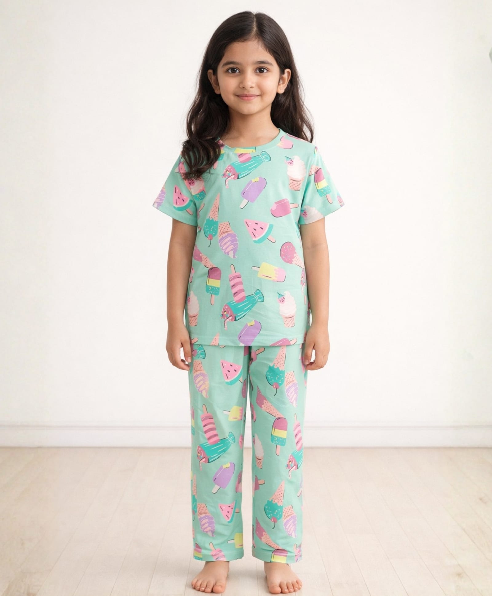 Anthrilo 100% Organic Cotton Knit Half Sleeves Ice Cream Printed Coordinating Night Suit Set - Aqua Blue-picture-31
