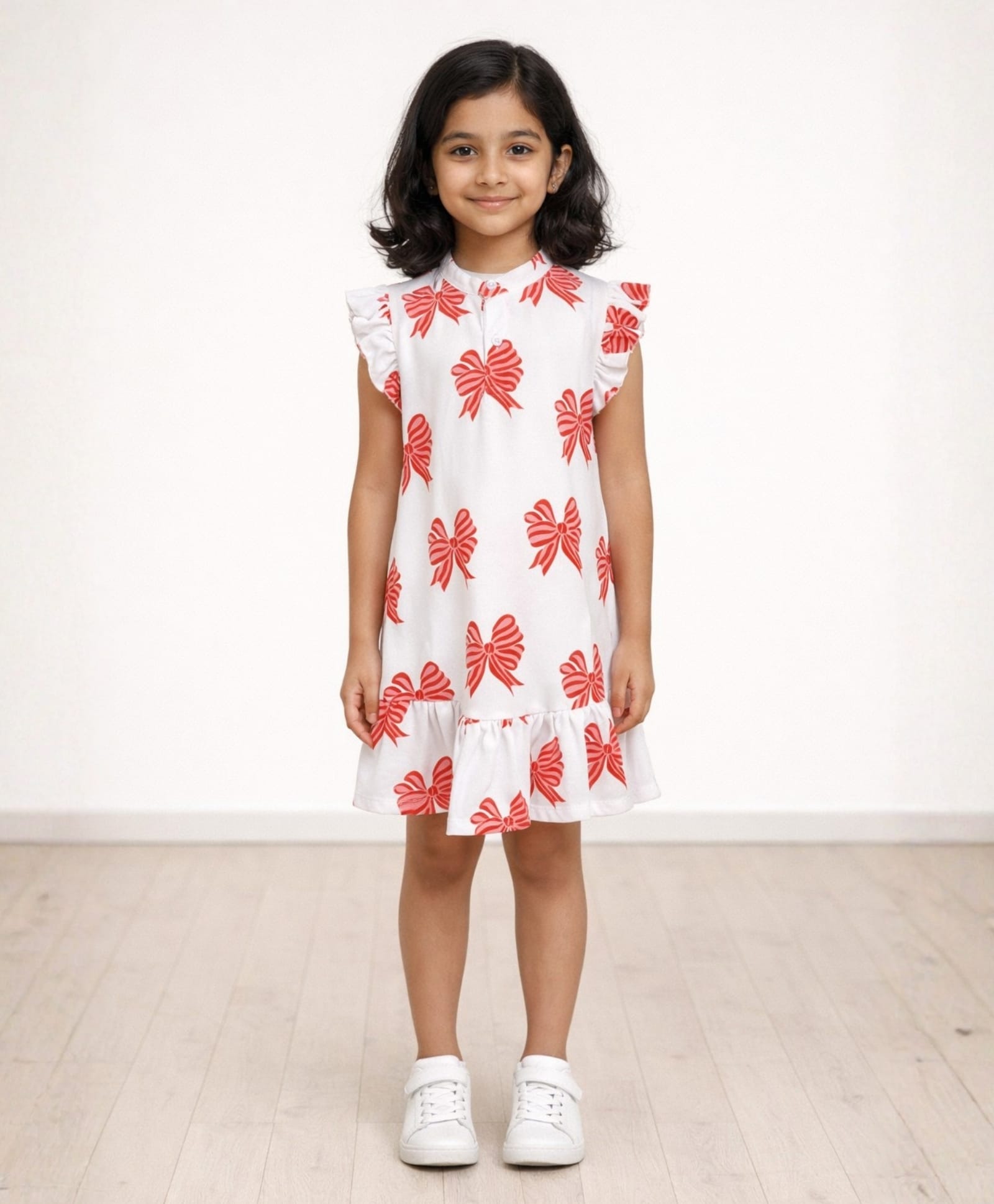 Anthrilo Cotton Flutter Sleeves Bows Printed Dress - Off White-picture-14