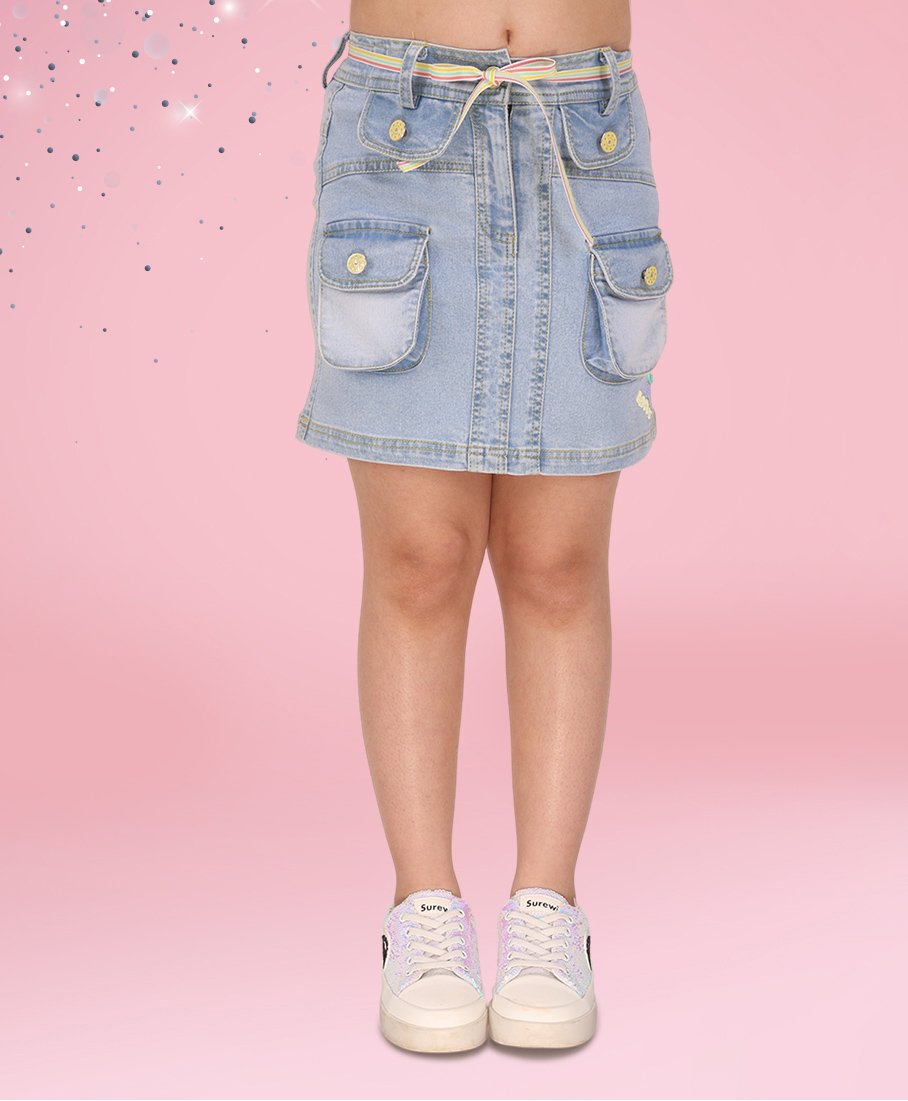 Cutecumber Denim Mild Washed Skirt With Belt - Blue-image-12