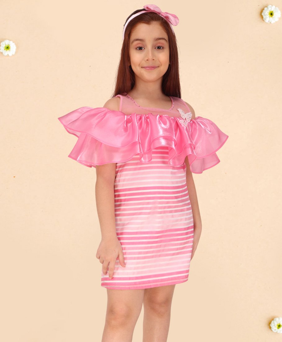 Cutecumber Organza Cold Shoulder Sleeves Striped & Butterly Applique Detailed Dress - Pink-image-31