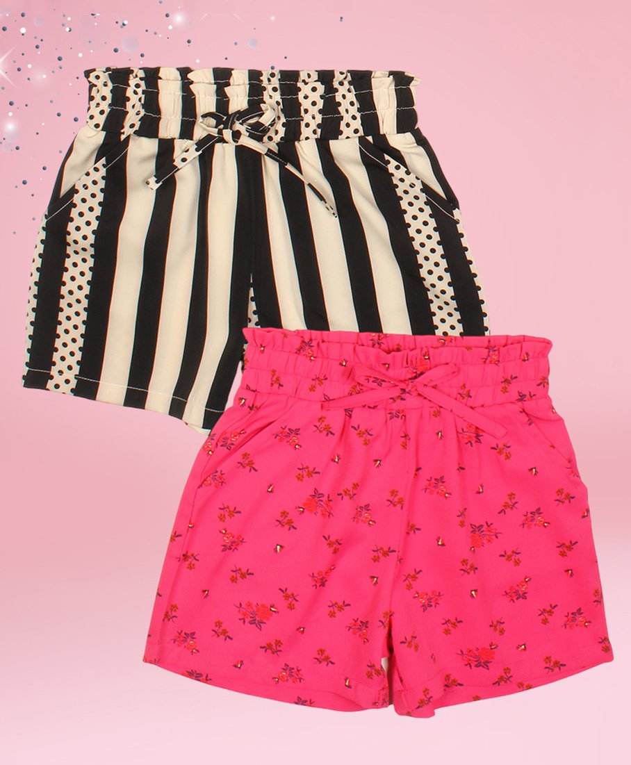 Cutecumber Pack Of 2 Floral & Striped Printed Shorts - Black & Fuchsia-picture-40