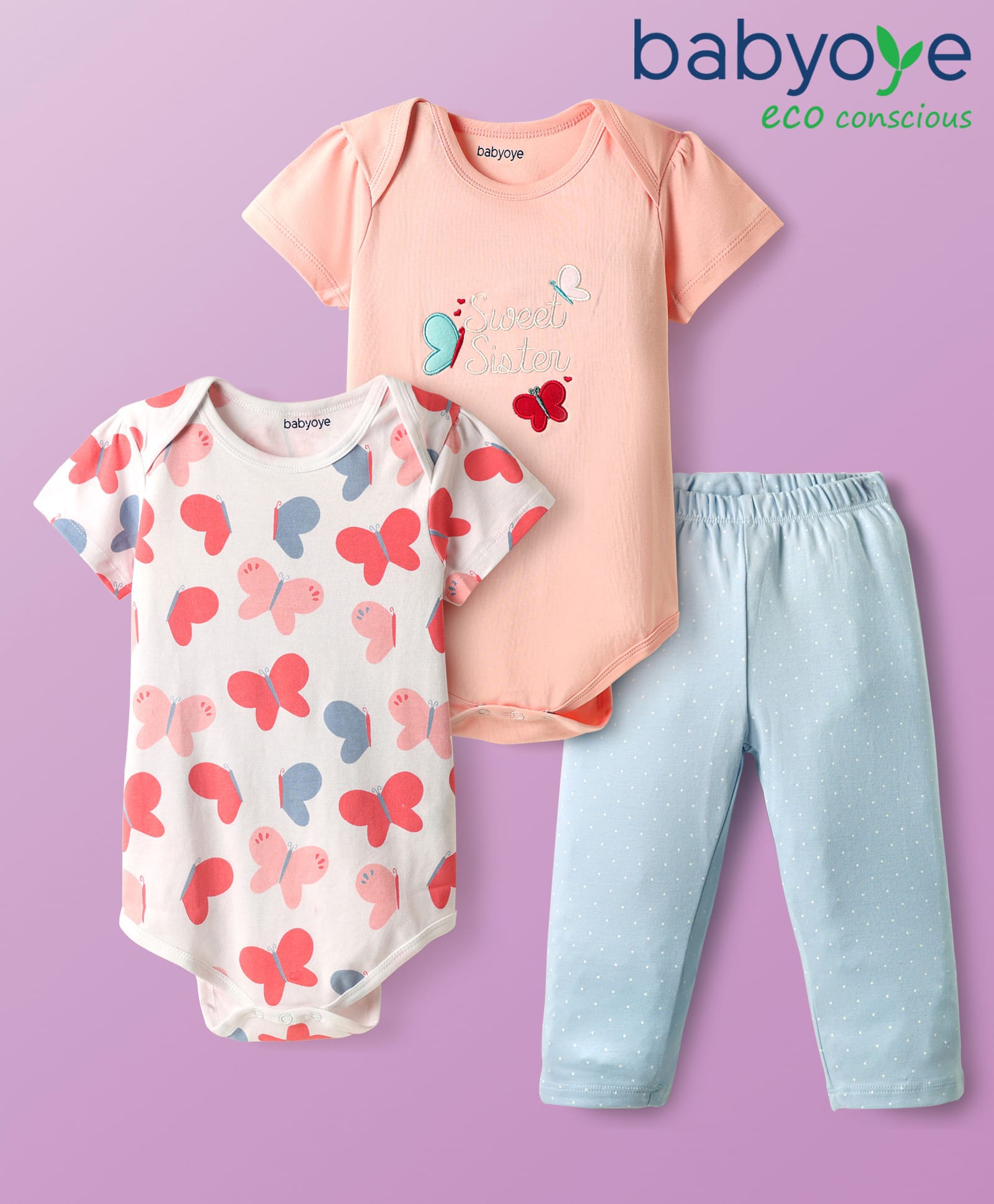 Babyoye 100% Cotton Knit Half Sleeves Onesies With Leggings Butterfly Print - Peach-image-41