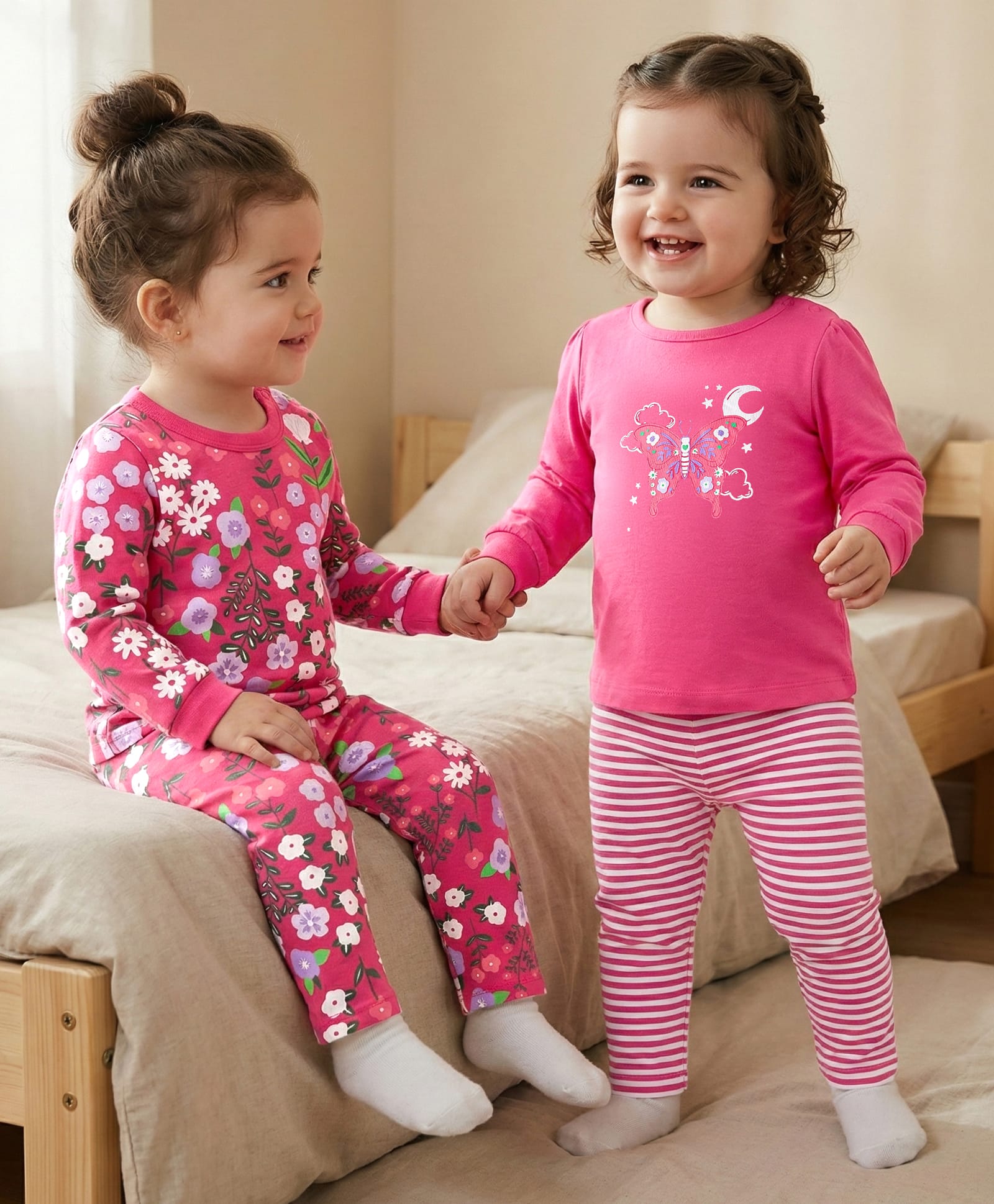 Babyoye 100% Cotton Knit Full Sleeves Co-Ord Night Suits With Floral & Butterfly Print Pack of 2 - Pink