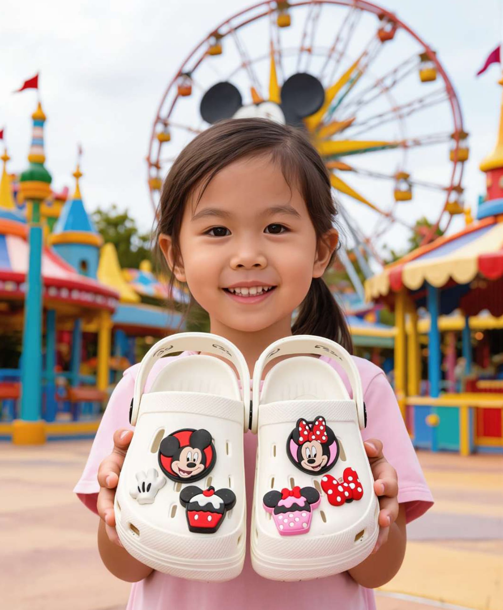Disney by Yellow Bee Solid Perforated Mickey & Minnie Mouse Clogs With Bow Gloves & Cupcake Charms - White-picture-19