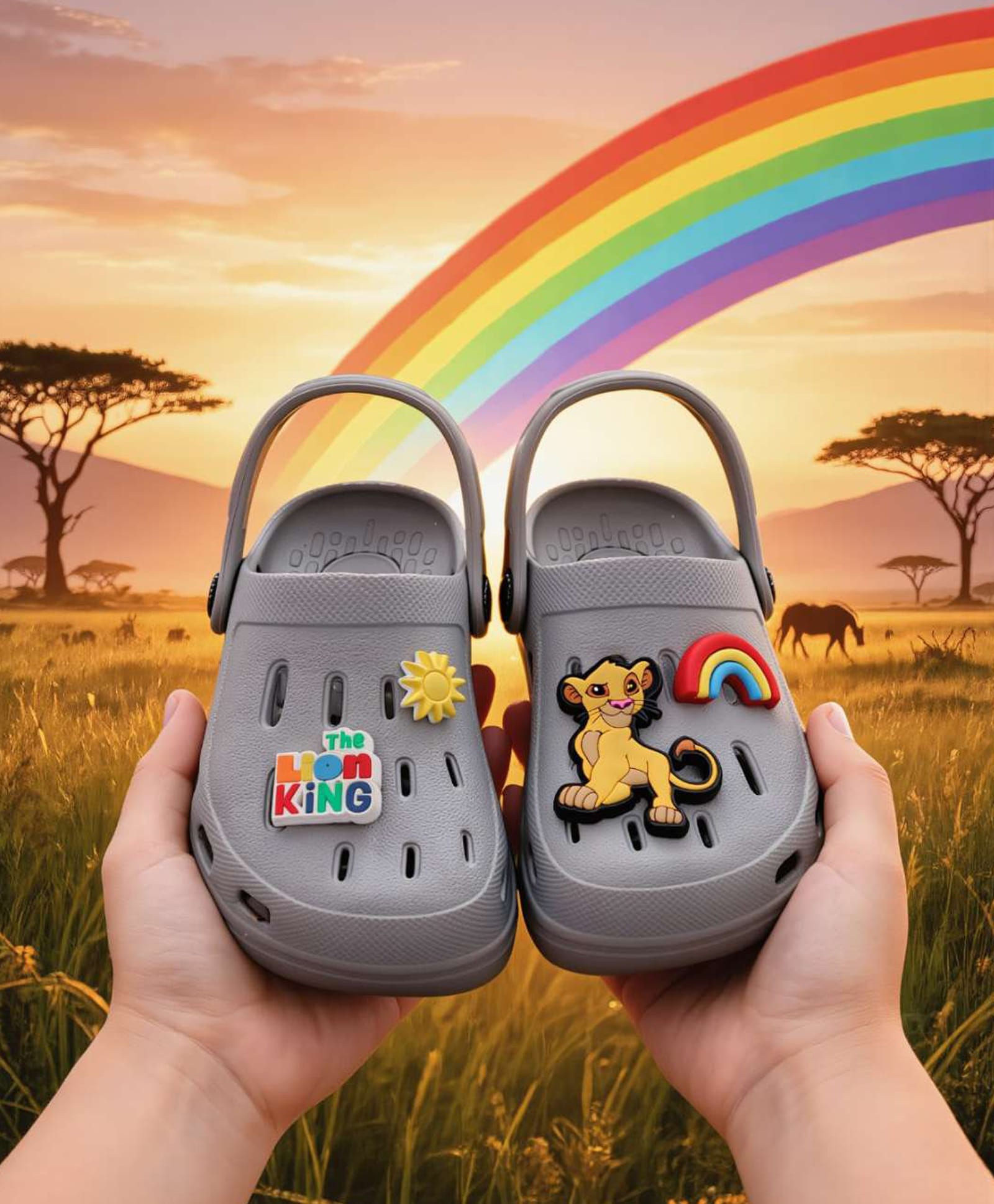 Disney by Yellow Bee Solid Perforated The Lion King Clogs With Simba Sun & Rainbow Charms - Grey-image-30