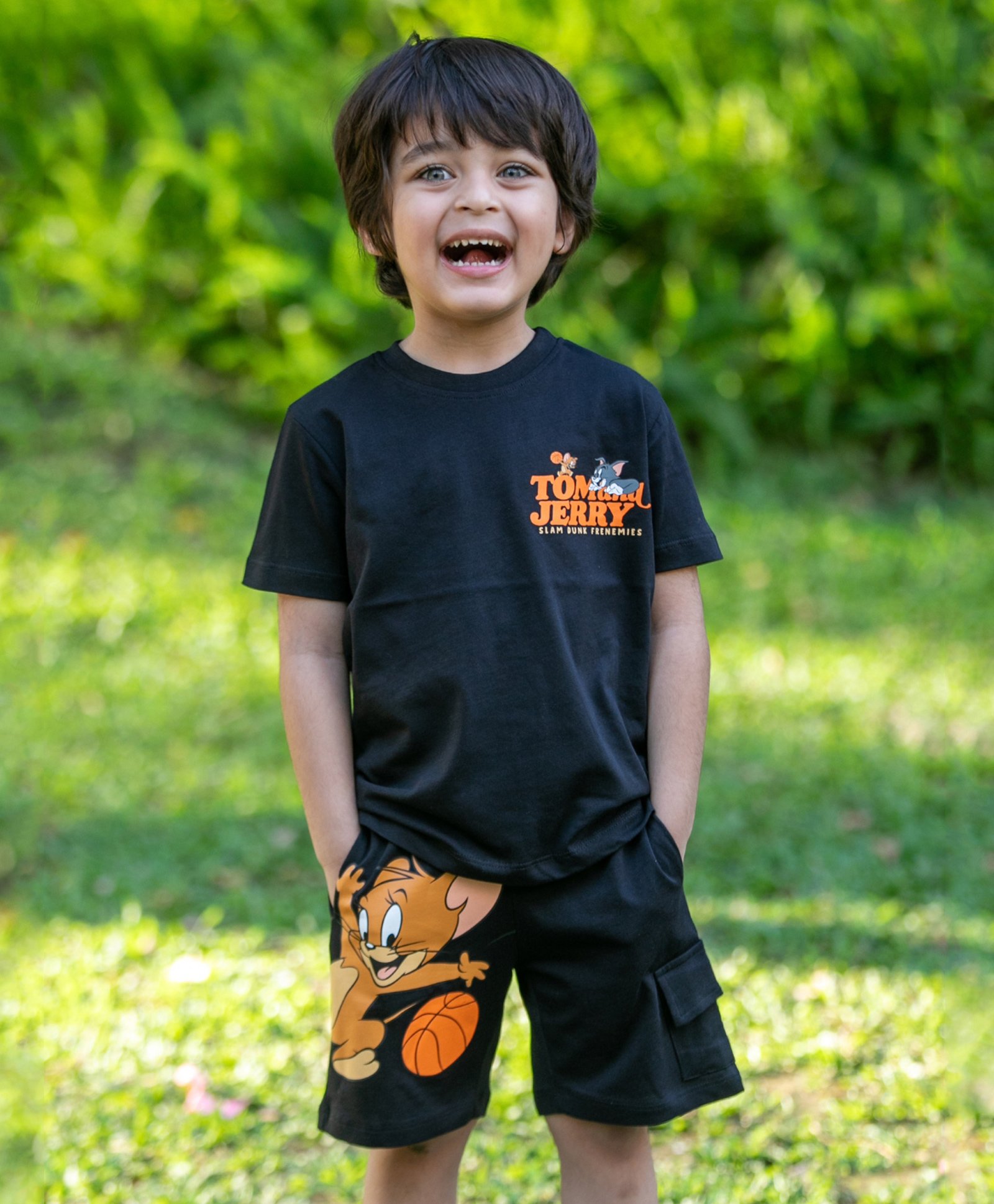 Nap Chief Cotton Tom and Jerry Slam Dunk Printed Half Sleeves Relaxed Fit T-shirt and Shorts Set - Black-image-38