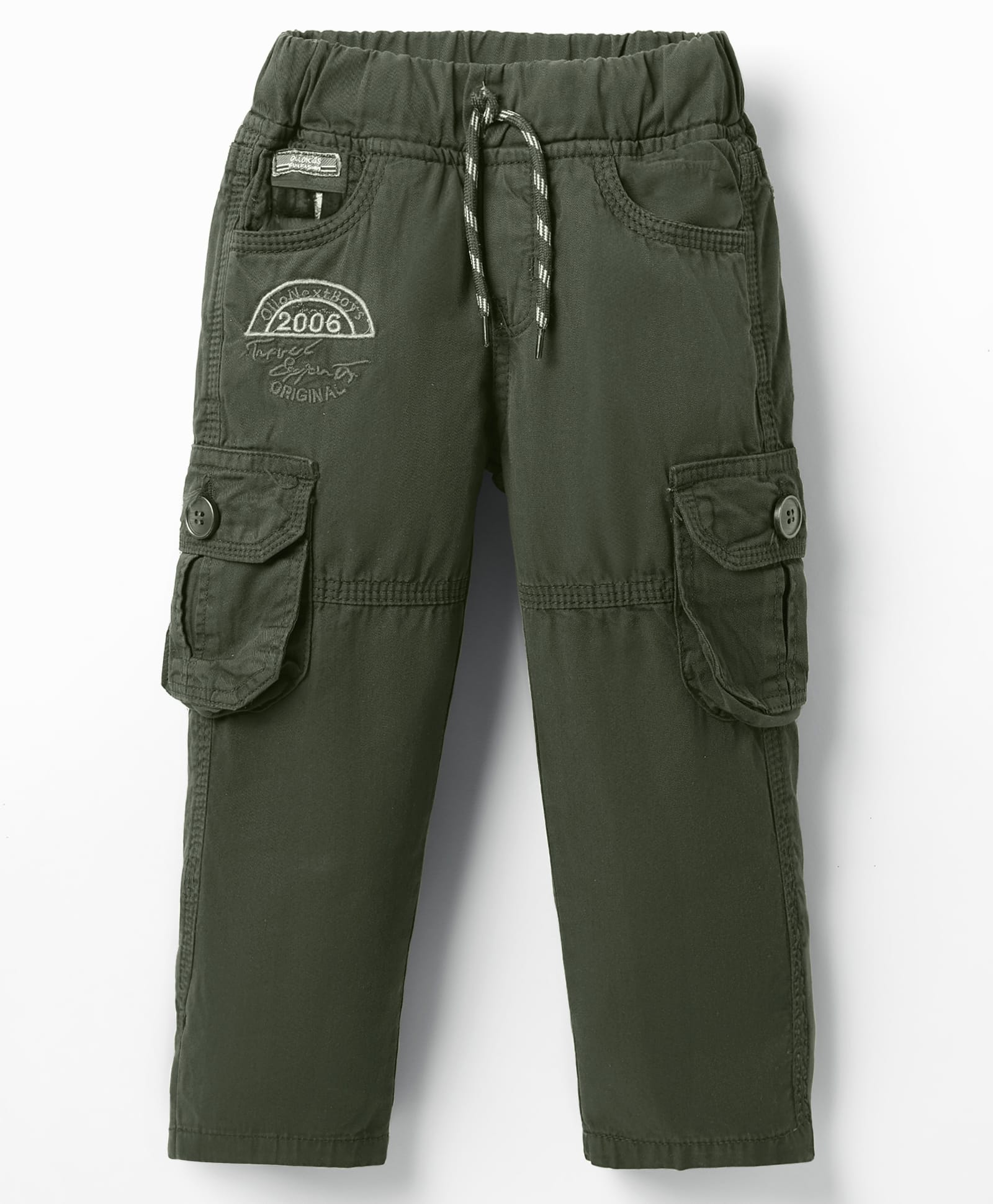 Olio Kids Cotton Woven Full Length Trousers With Cargo Pockets & Text Embroidery - Dark Green-picture-13