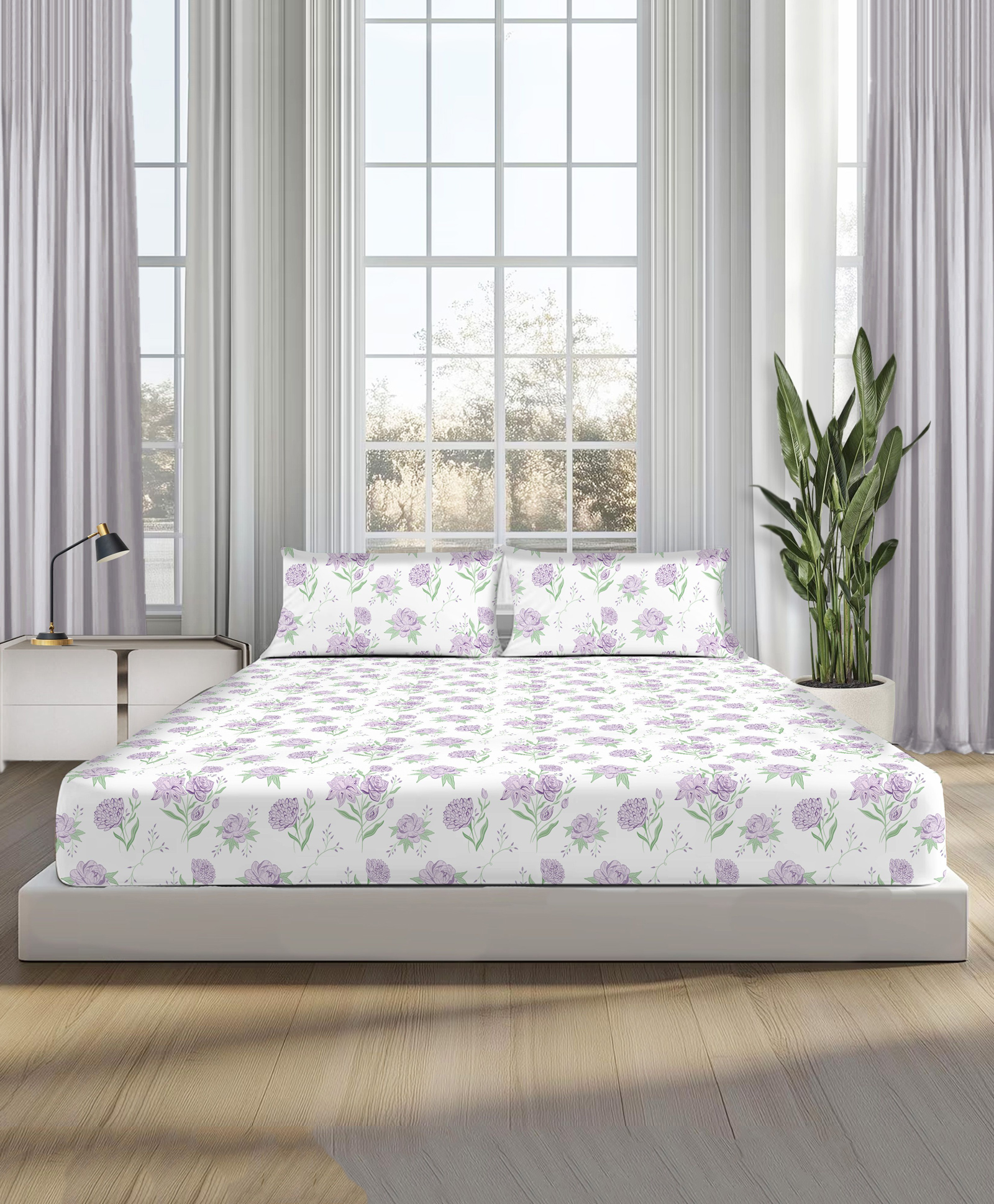 Sleepsia Lounge Lavender Primrose , 100% Cotton Double Bedsheet, 180 TC King-image-49