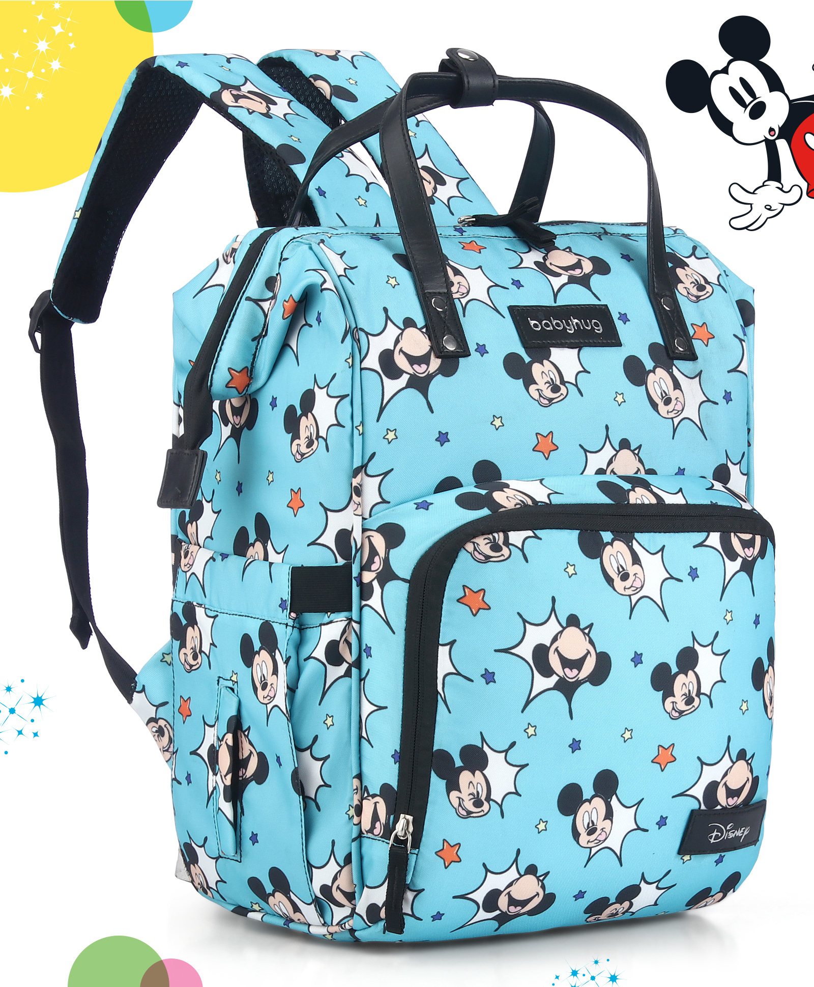 Babyhug Disney Minty Mickey Whimsy Smart Diaper Backpack - Light Blue| Adjustable Shoulder Strap| Insulated Bottle Pouches| Smart Bottom Zipper| Wipes Dispenser| Wide Fish-mouth Opening-image-4