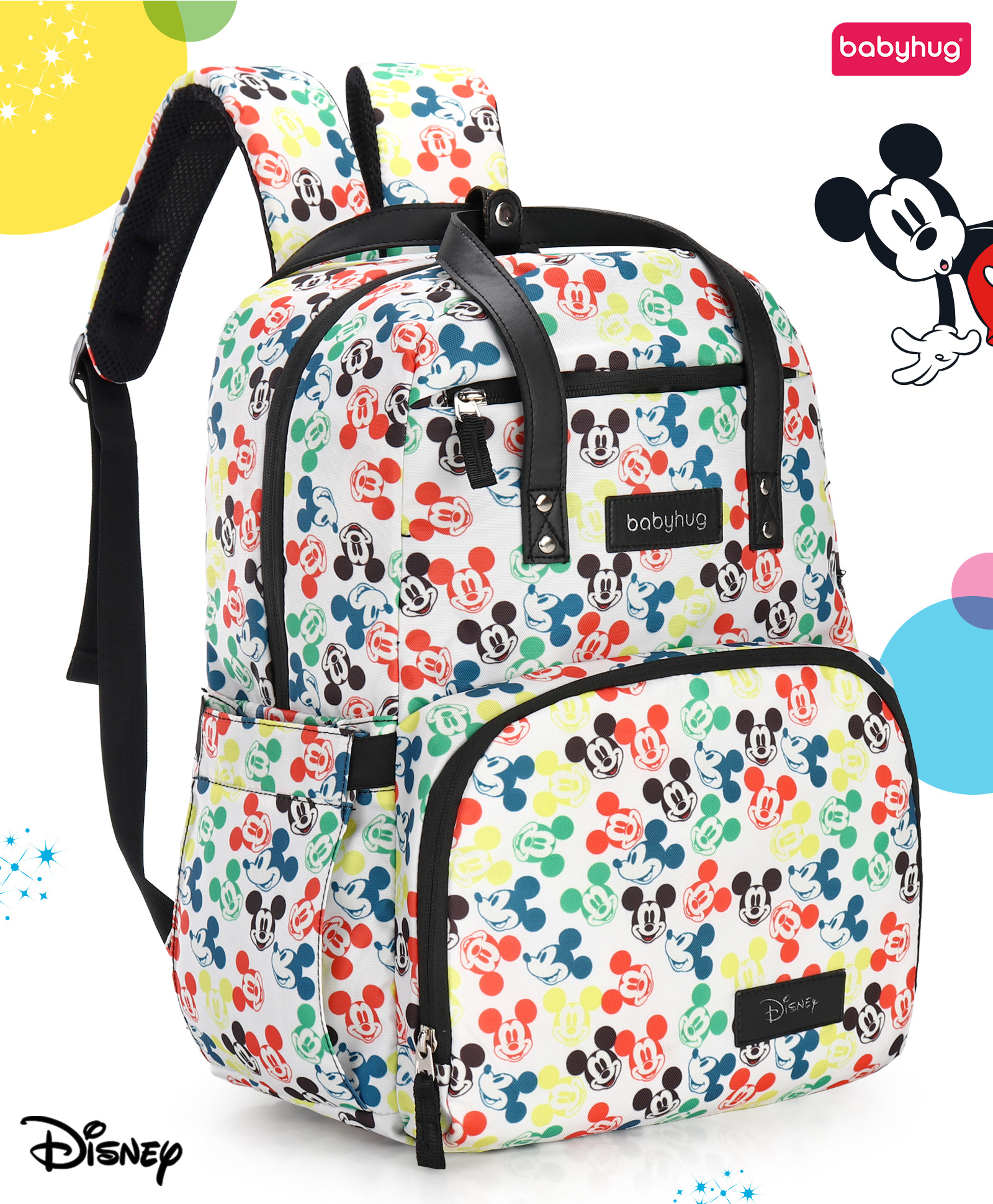 Babyhug Disney Retro Mickey Pop Smart Diaper Backpack - White| Adjustable Padded Shoulder Strap| Insulated Bottle Pouches| Wipes Dispenser| Wide opening| Anti-theft Back Pouch-image-5