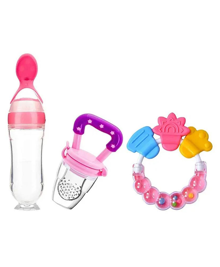 numum Combo of Fruit And Food Nibbler Spoon Feeder and Rattle Teether-( Fruit feeder - Spoon feeder - Ring Teether) -Pack of 3 - PINK ( color and design may vary)-image-45