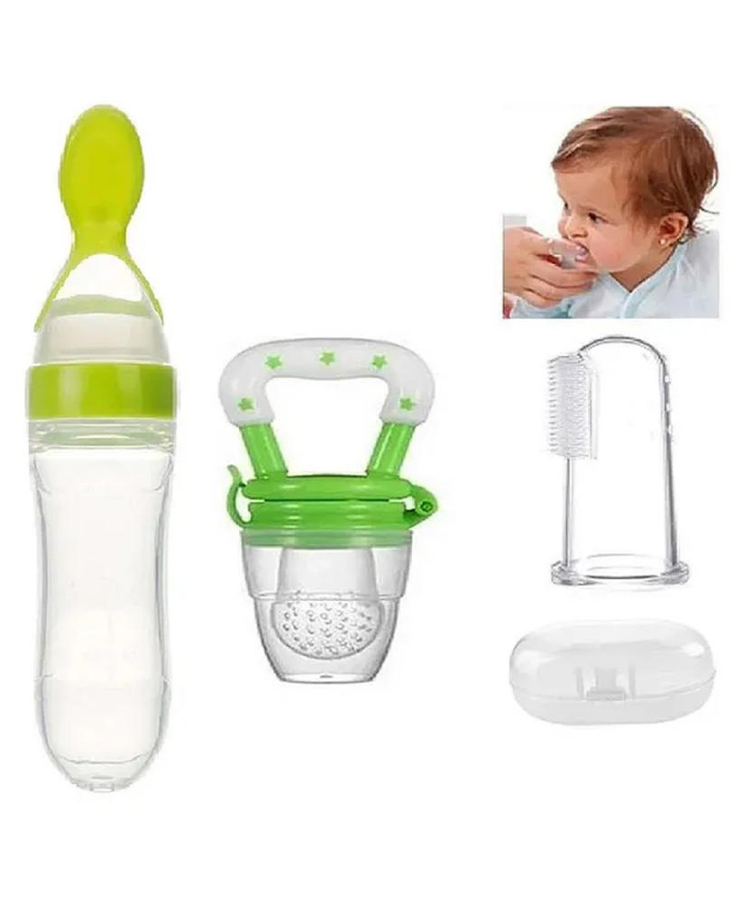 numum Fruit And Food Nibbler - Feeder and Finger brush with Tongue Cleaner - ( Green Fruit feeder - Green Spoon feeder - White Finger brush) -Pack of 3 - ( color and design may vary)-image-21