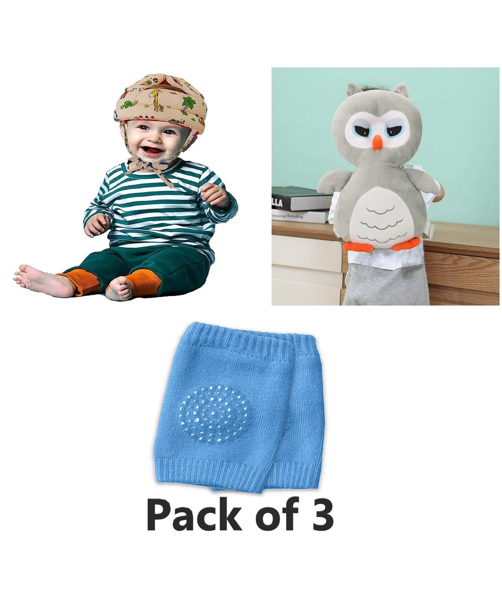Numum Baby safety Combo of Baby Helmet and Baby Head Protector with knee pads (Cream Jungle and Grey Head protector and Knee pads) (pack of 3)( color and design may vary)-image-36
