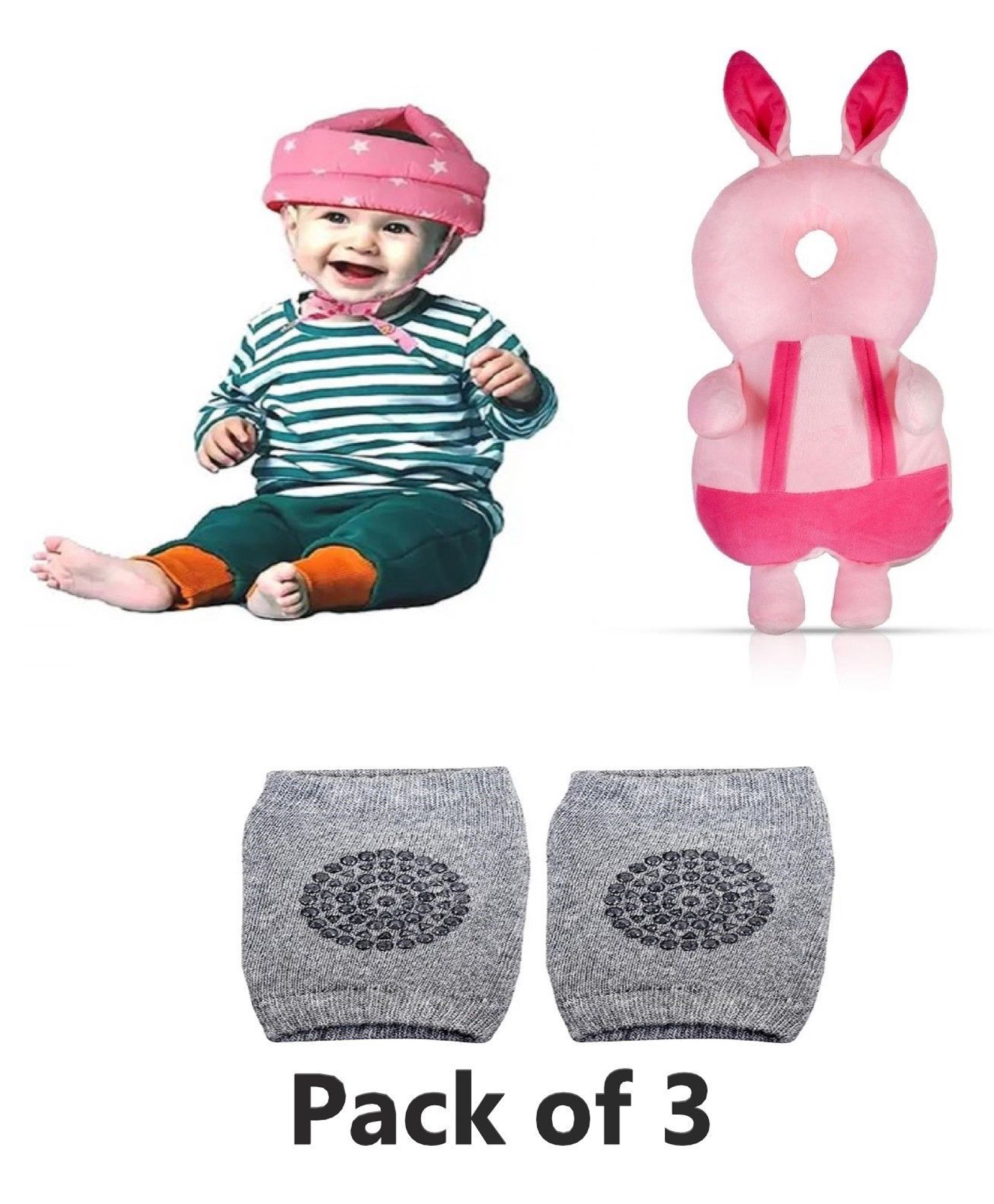 Numum Baby safety Combo of Baby Helmet and Baby Head Protector with knee pads (Pink star and Pink Rabbit protector and Knee pads) (pack of 3)( color and design may vary)-image-45