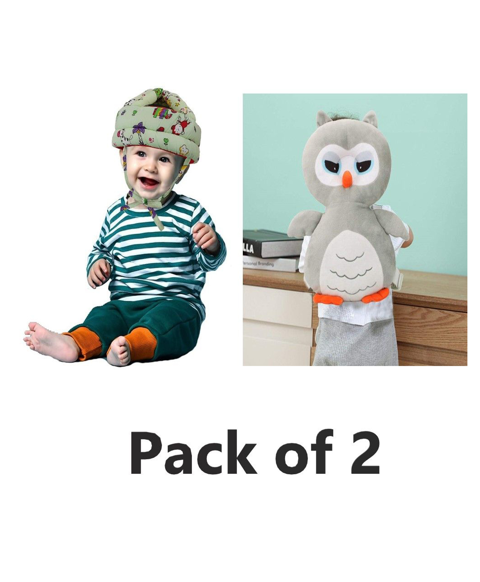 Numum Head Protection Combo of Cushion Backpack Head Protector & Safety helmet - Grey Head Protector & Green jungle Helmet (color and design may Vary)-image-26