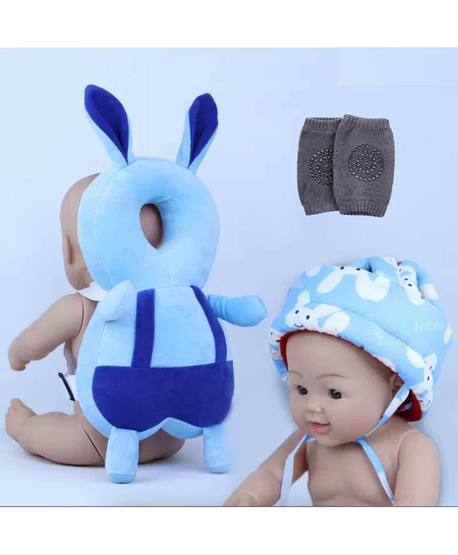 Numum Baby safety Combo of Baby Helmet and Baby Head Protector with knee pads (Blue Smiley Blue rabbit Head protector and Knee pads) (pack of 3)( color and design may vary)-image-20
