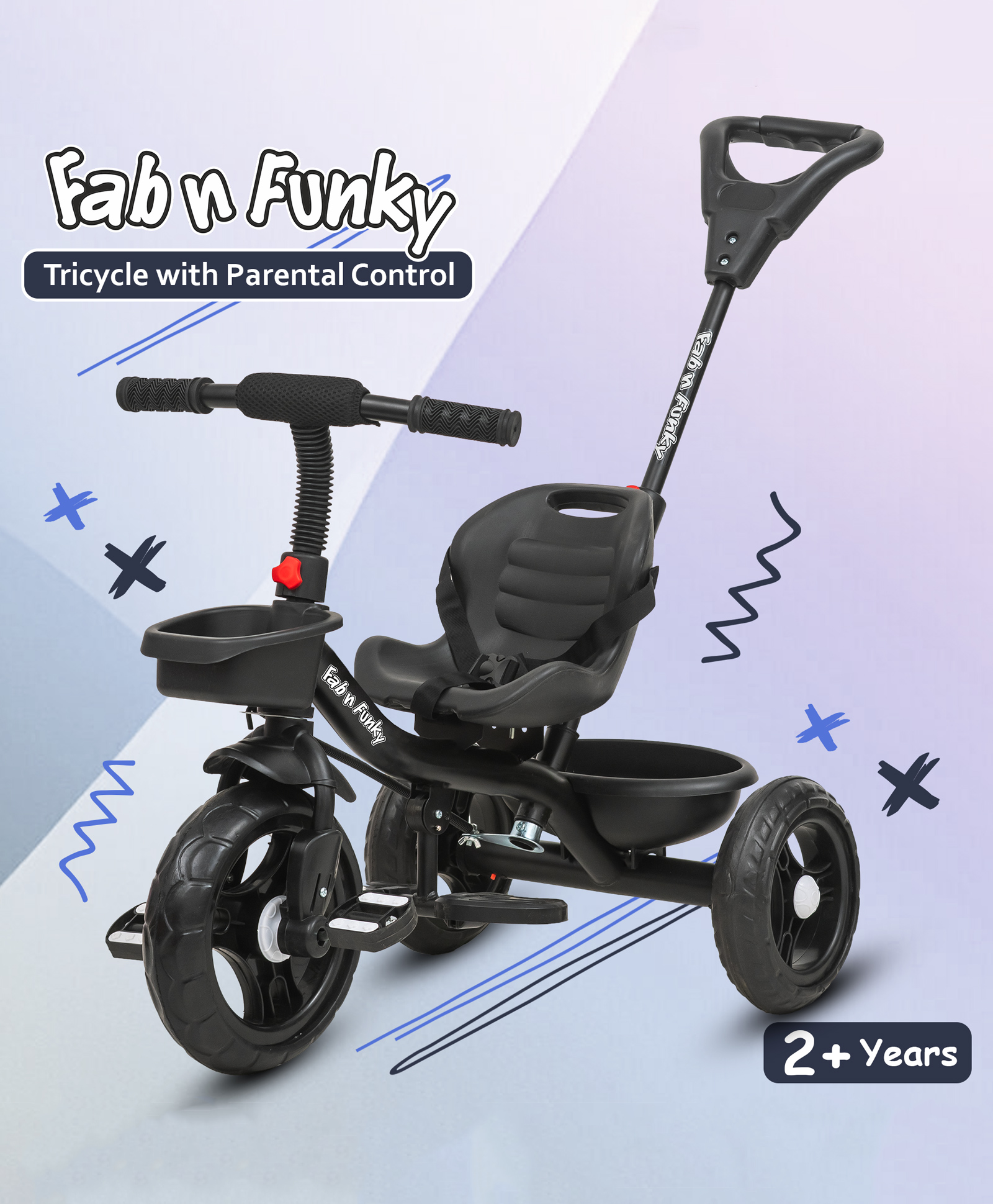Baby Tricycle with Parental Push Handle & Safety Harness - Black