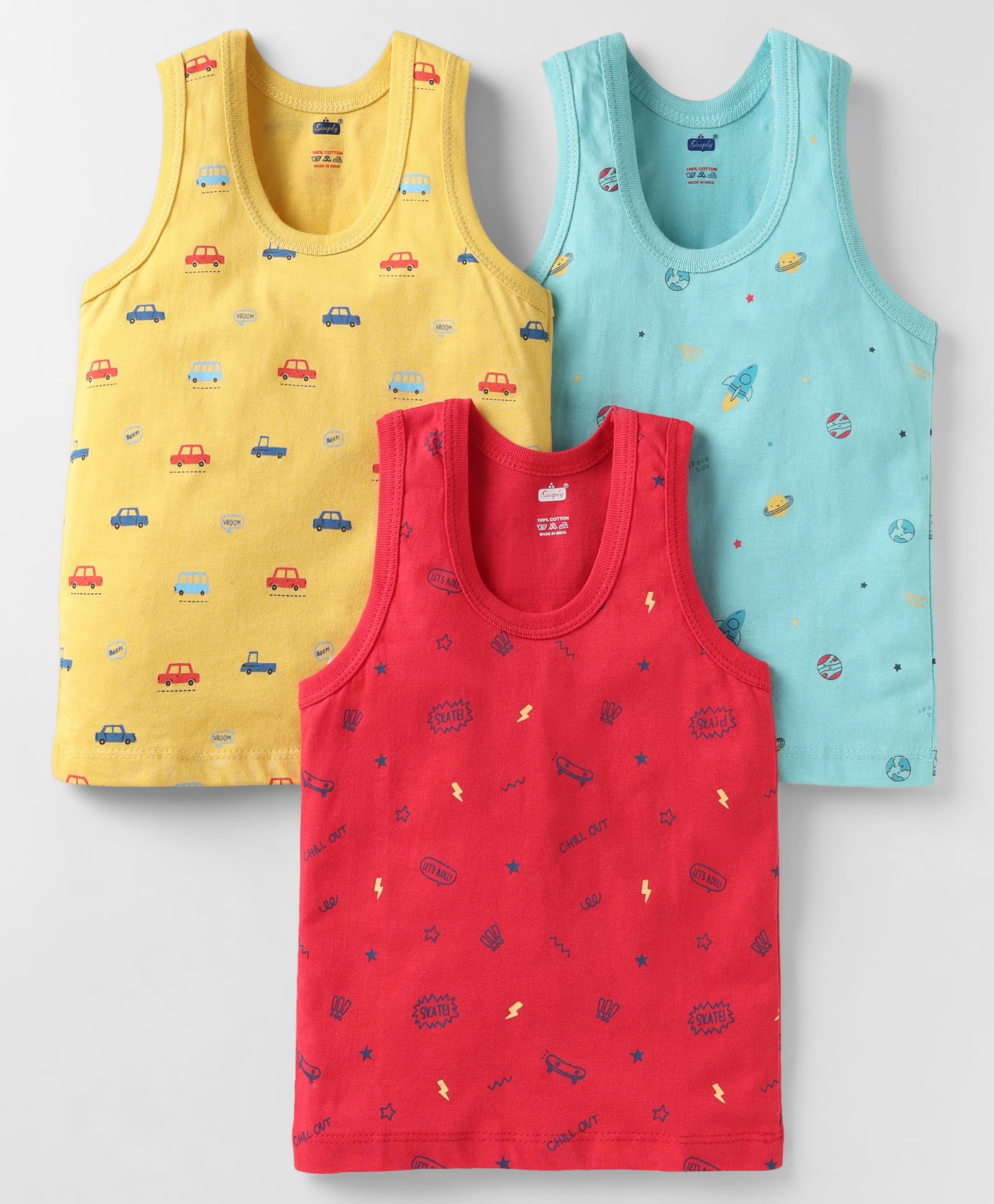 Simply Sinker Knit Sleeveless Vests with Vehicle & Space Print Pack of 3 - Red Yellow & Light Blue-picture-25