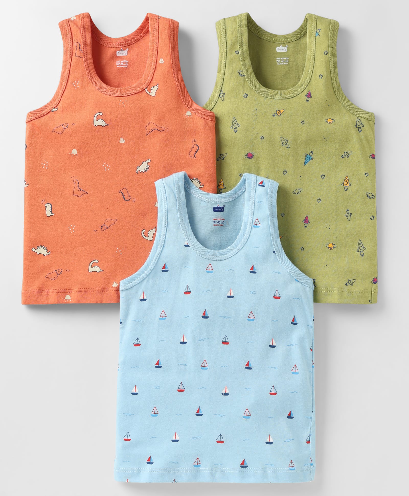 Simply Sinker Knit Sleeveless Vests with Dino Space & Nautical Theme Print Pack of 3 - Light Blue Orange & Olive Green-picture-29