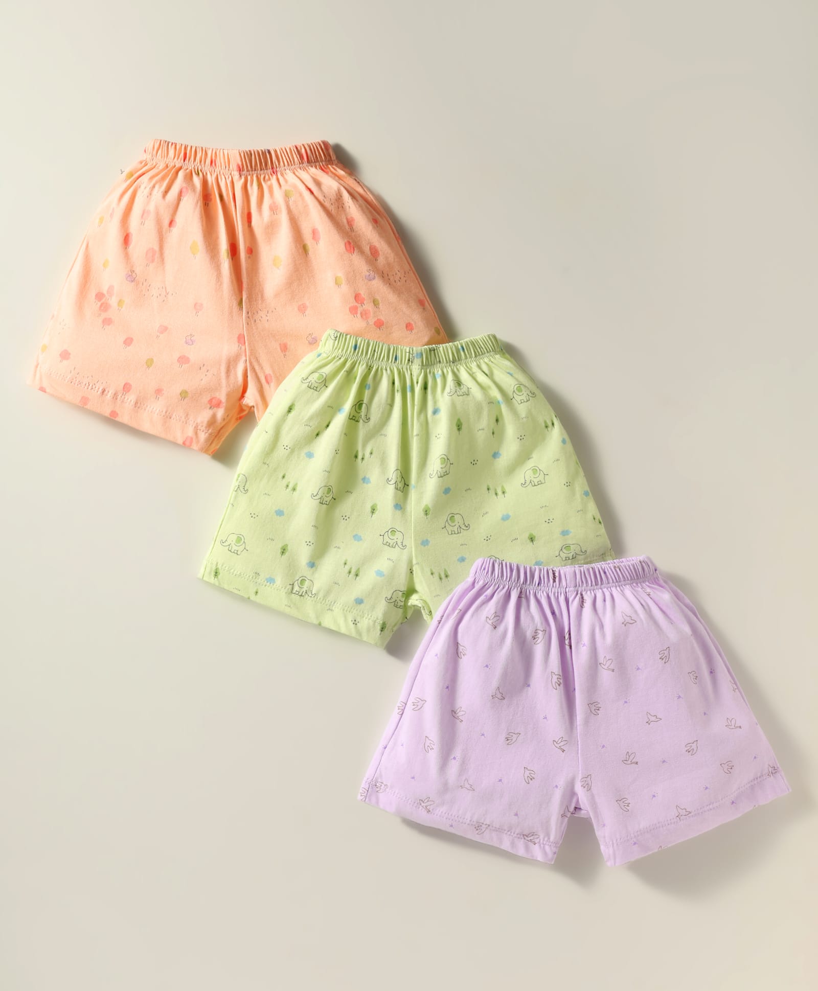 Simply Sinker Knit Knee Length Animal & Birds Printed Shorts Pack Of 3 - Lilac Light Green & Peach-image-19