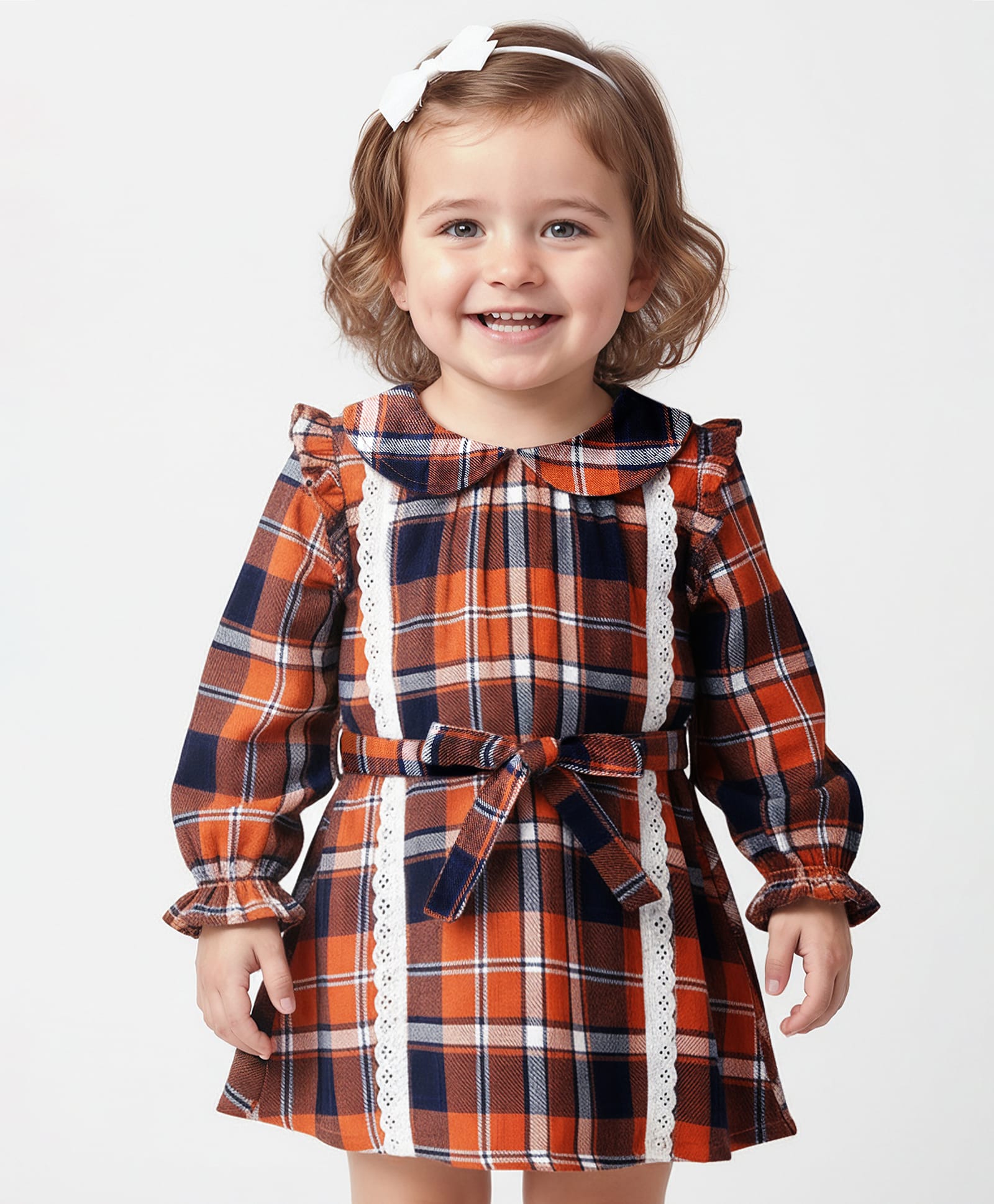 Babyoye Cotton Woven Full Sleeves Checks Frock With Lace Detailing & Fabric Belt - Rust Orange-picture-19