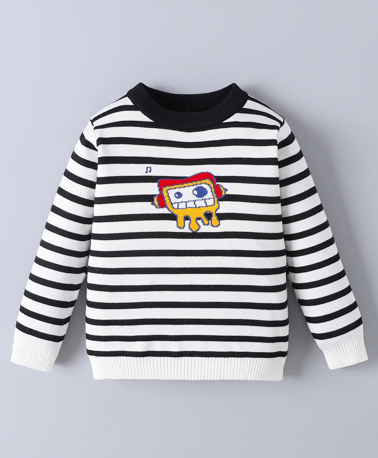 Mark & Mia Viscose Full Sleeves Striped Pullover Sweater With Cartoon Design - Black & White-image-14